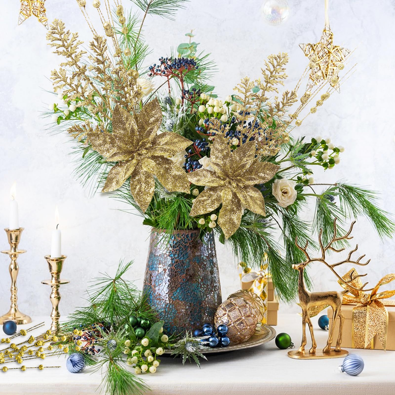 Künstliche Glitzer-Beerenstiel-Ornamente, 44 cm, künstliche Weihnachtsspieße, Dekorationen mit Weihnachtsstern, Perlenstäbchen für Weihnachtsbaum, Kranz, Hochzeit und kleine Vasen-Dekoration, 24 Stück