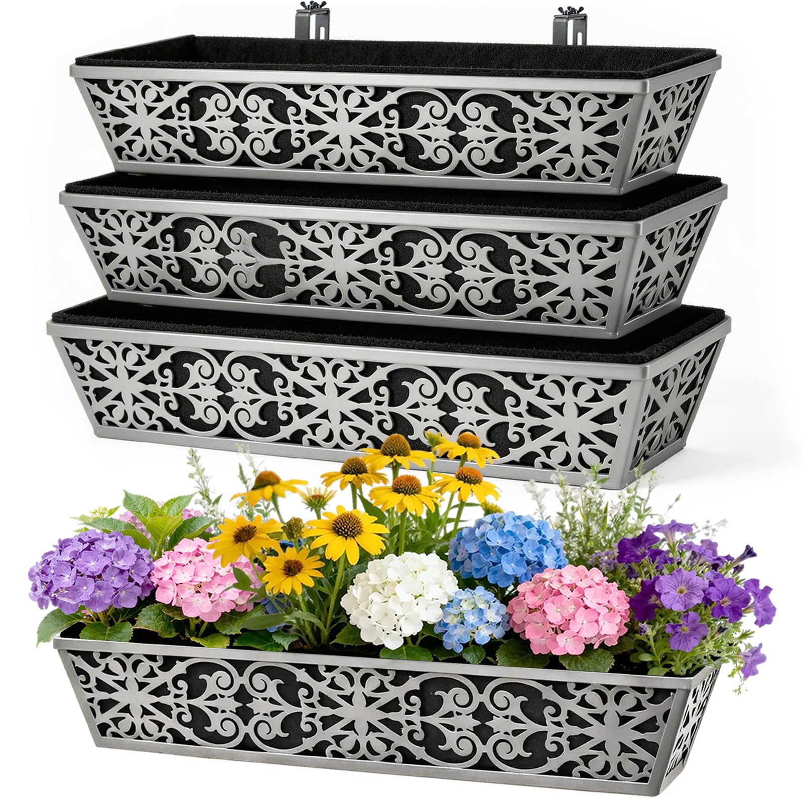 Paquete de 4 cajas de ventana de 30 pulgadas para plantas al aire libre, barandilla de cubierta, macetas con soportes ajustables para porche, valla, balcón, cestas colgantes de flores con forro de