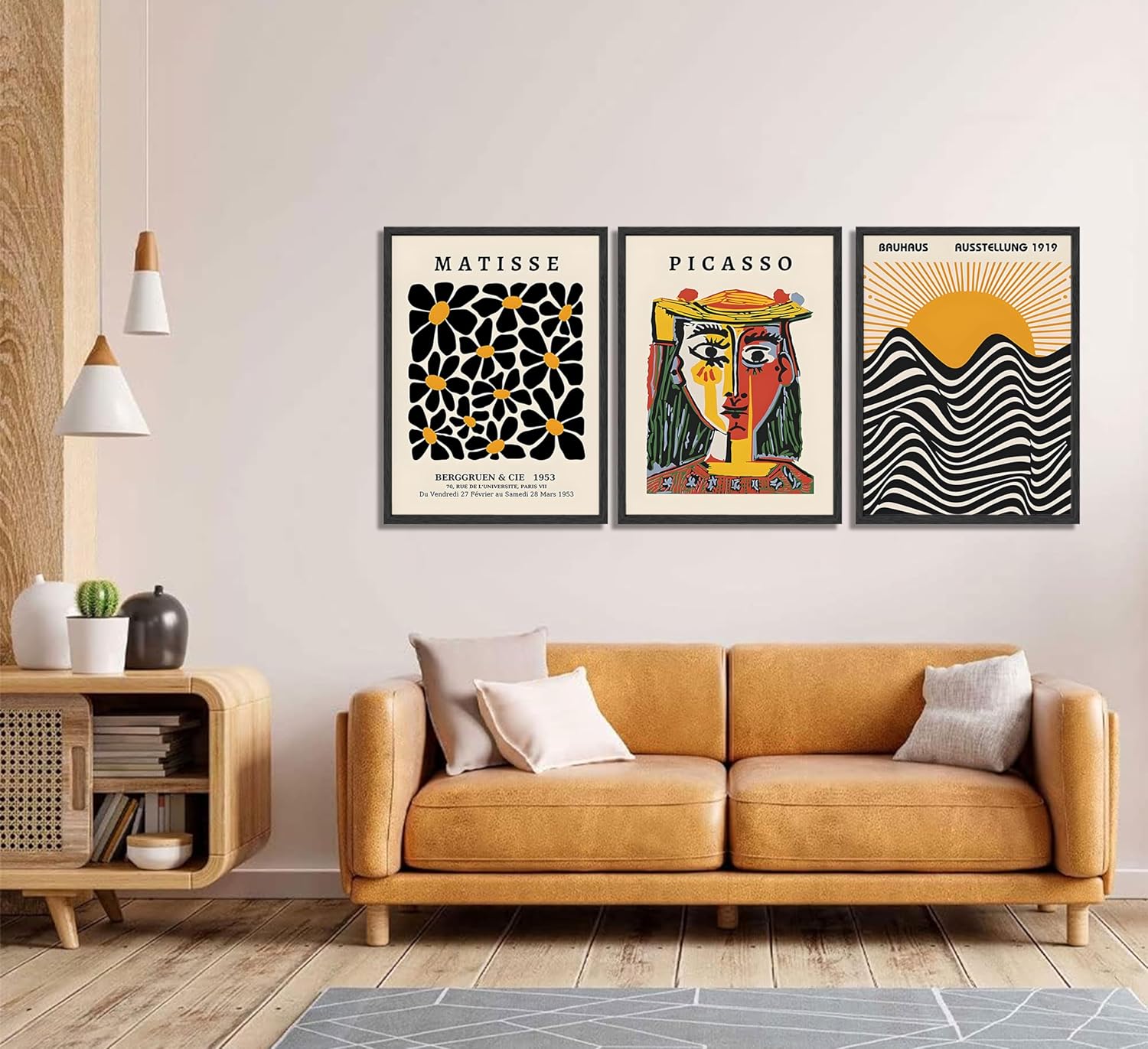3 Pcs Gallery Wall Art Picasso Matisse Bauhaus Set Canvas Prints Abstract Paintings Posters Orange Black Modern Minimalist Wall Decor Pictures Suitable for Bedroom Living Room Decor (Unframed,