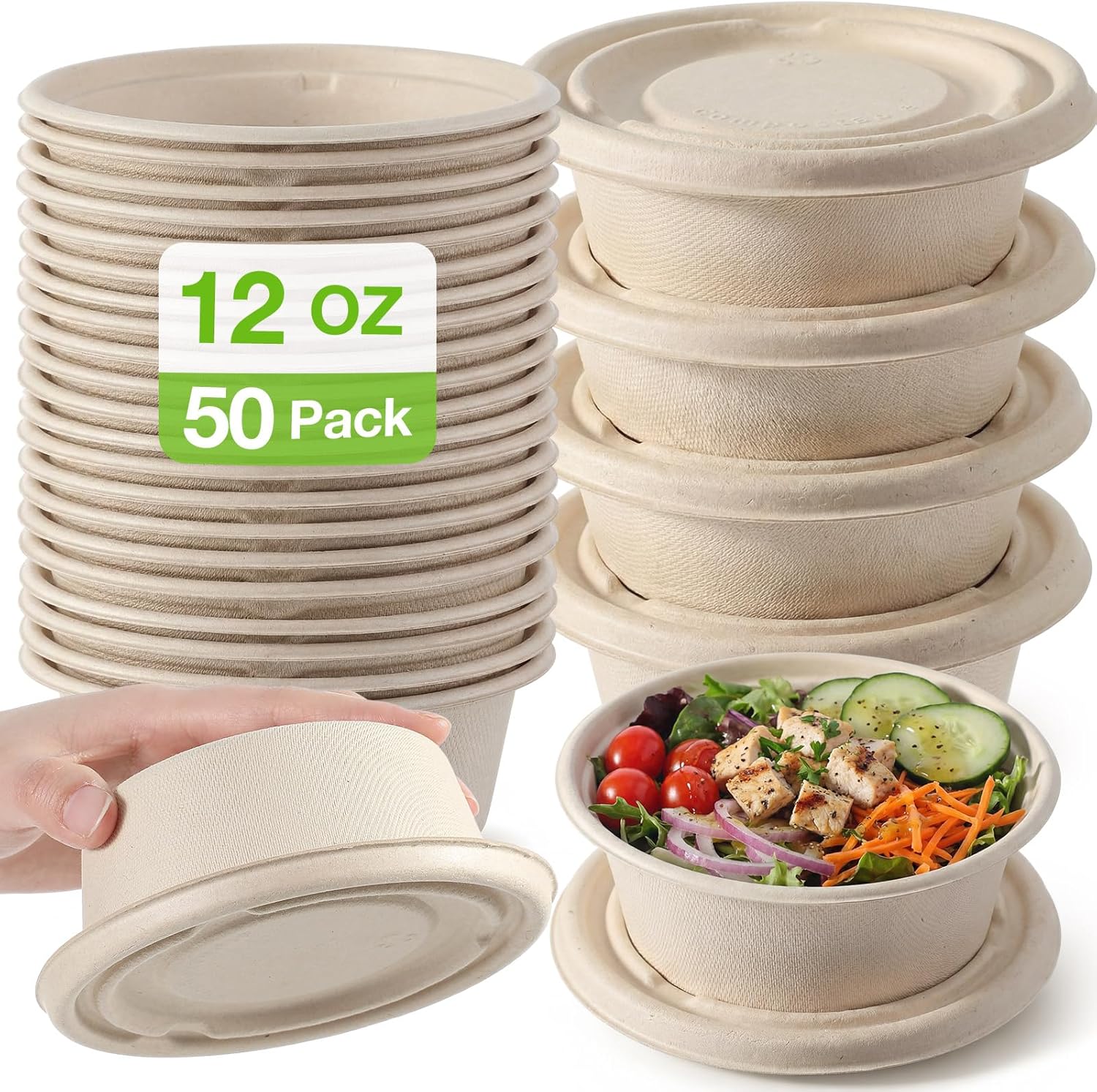 Havawish 50 Pack 12oz Compostable Paper Bowls with Lids Disposable Biodegradable Natural Bagasse Bowls Suitable for Salad, Dessert, Milk, Cereals