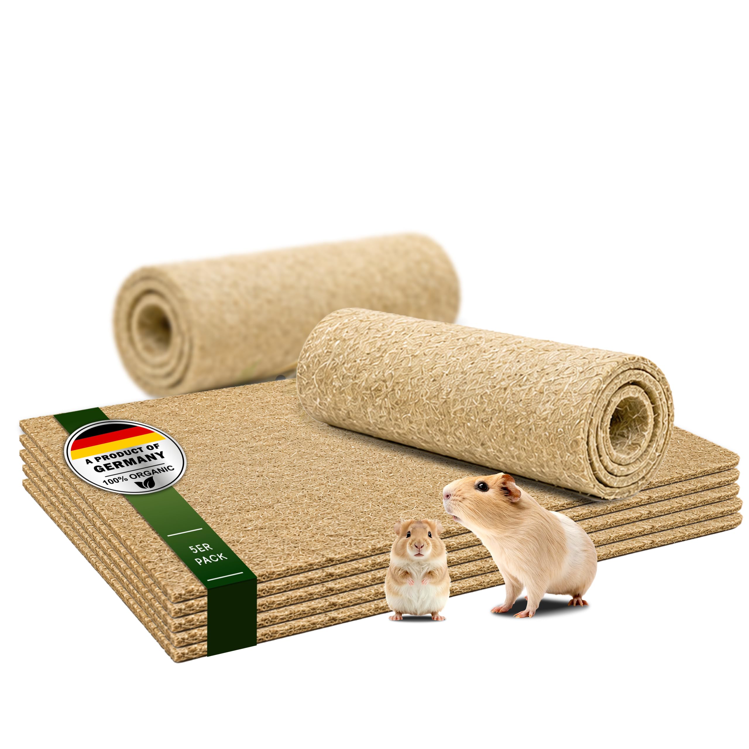 ProFlora® Lot de 5 tapis pour rongeurs 100 % chanvre - Tapis en chanvre biodégradable pour rongeurs tels que lapins, cochons d'Inde et hamsters (100 x 50 cm, 5 mm d'épaisseur)