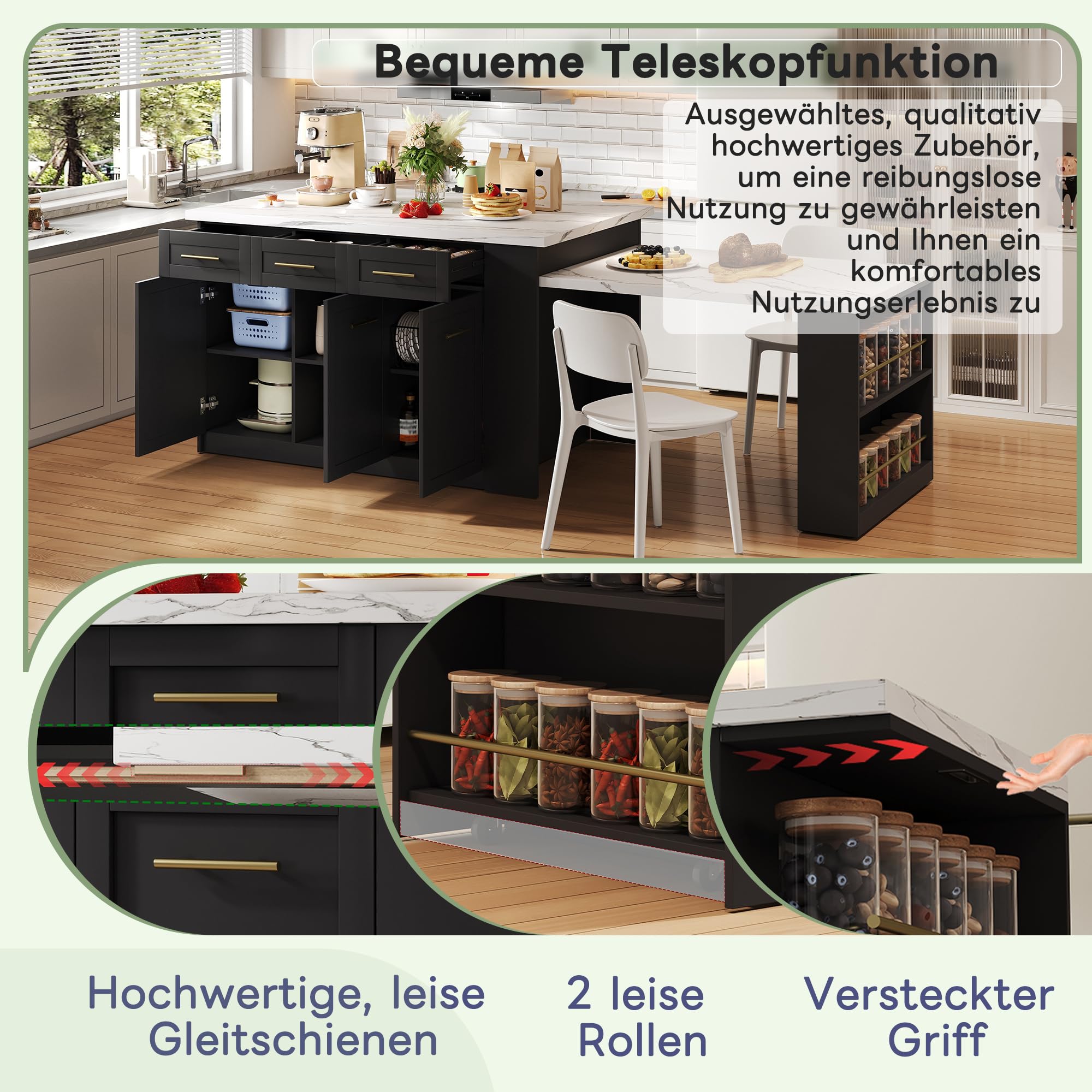 Kücheninsel mit Ausziehtisch 150+96cm, Freestanding Kitchen Island Kücheninseln mit Schwarz ausziehbarer Esstisch,Weiß marmorierte Holzarbeitsplatte/Tisch, mit Stauschränke für Familienküchen