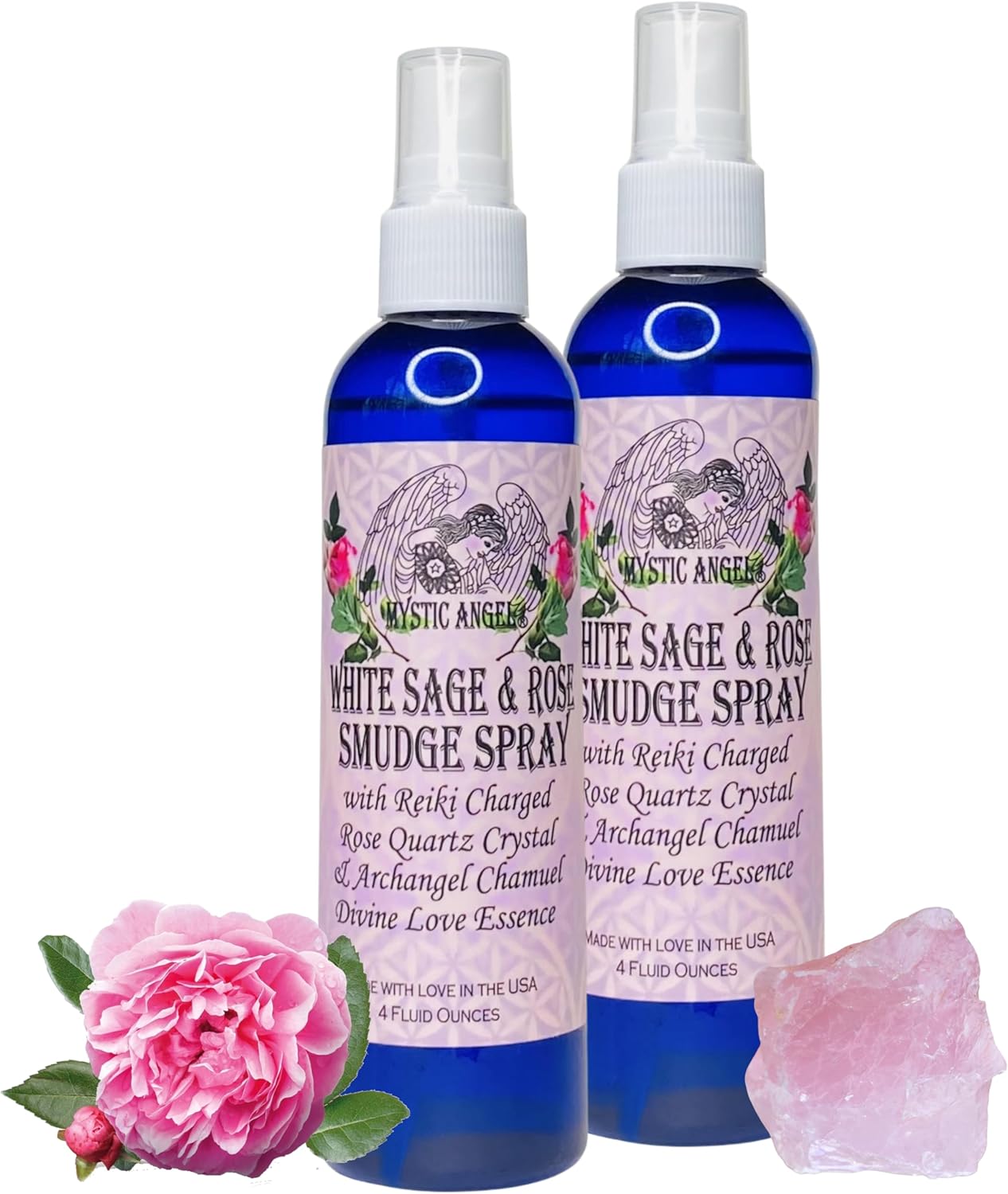 Mystic Angel White Sage & Rose Smudge Spray (4 oz.) with Reiki Charged Rose Quartz Crystal - Pack of 2
