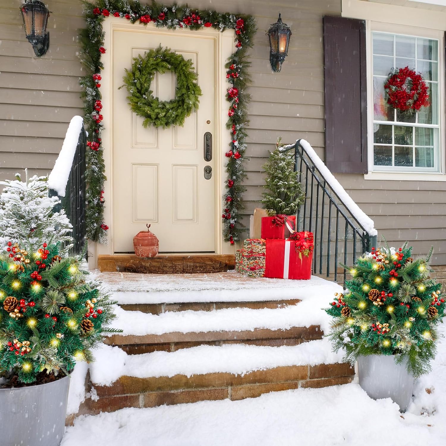 2Pcs Christmas Tree Pathway Lights with Stake 16in Artificial Christmas Tree with Berries & Pinecones Lifelike Outdoor Christmas Tree for Patio, Yard, Garden Outdoor Christmas Tree