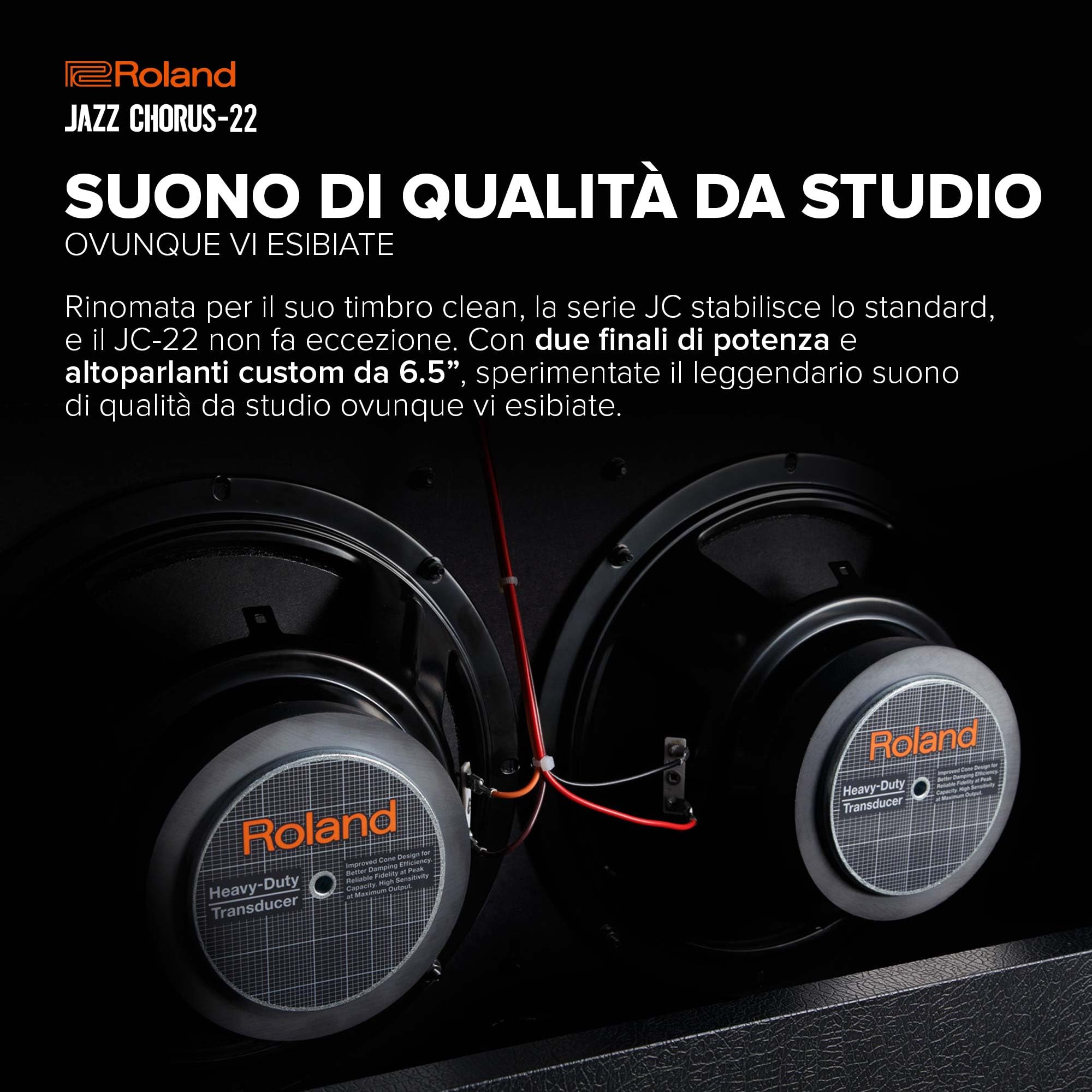 Roland JC-22 Jazz Chorus | Amplificatore per chitarra ultra-compatto | Iconico suono clean JC | Effetto chorus inconfondibile | Potente ampli stereo da 30 Watt | Due speaker da 6.5”