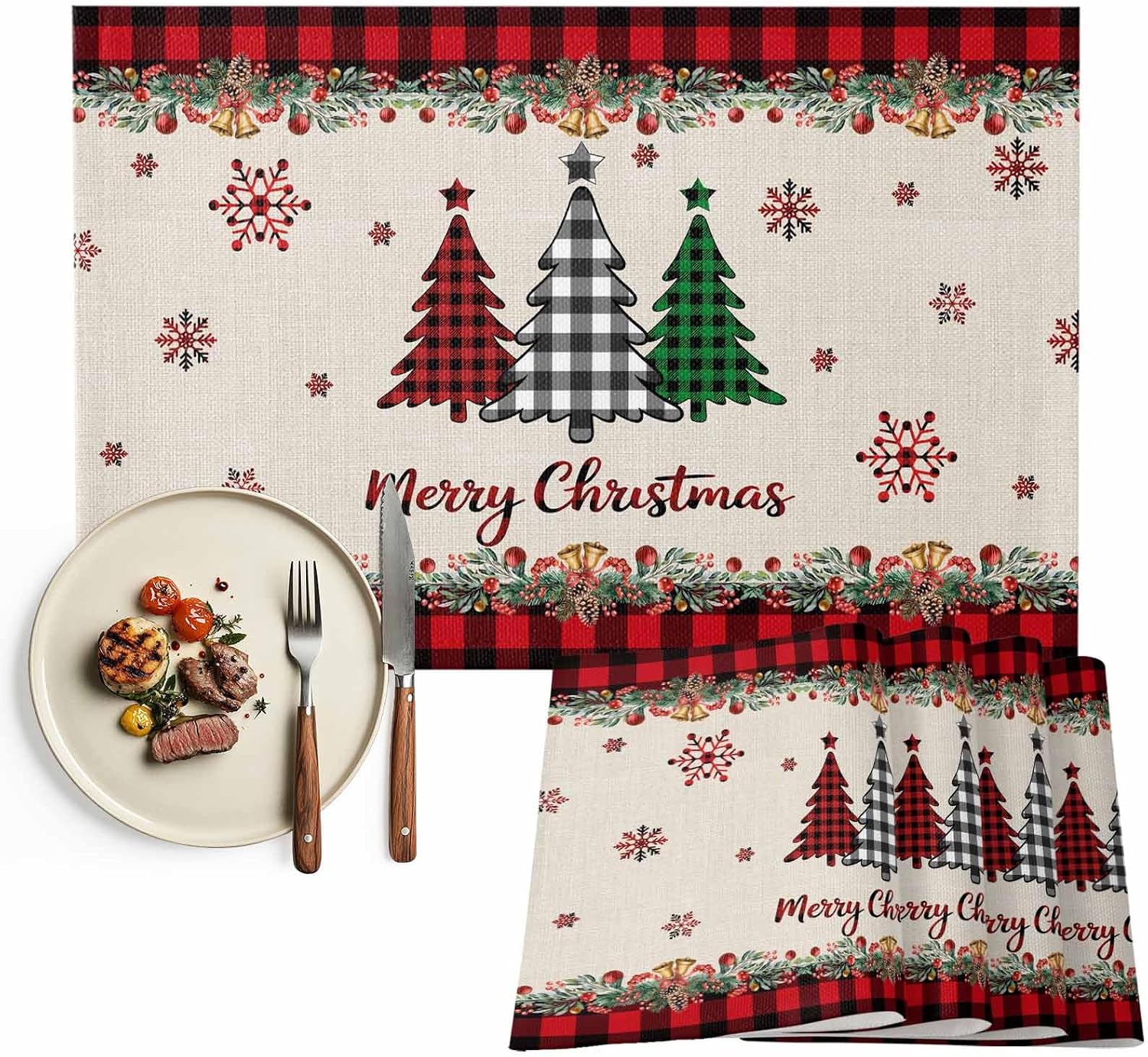 Christmas Placemats Poinsettia Snowy Berries Place Mats for Dining Room Dinner Table Holly Berry Pine Cones Washable Table Mats Kitchen Dining Decorations Anniversary Set of 6