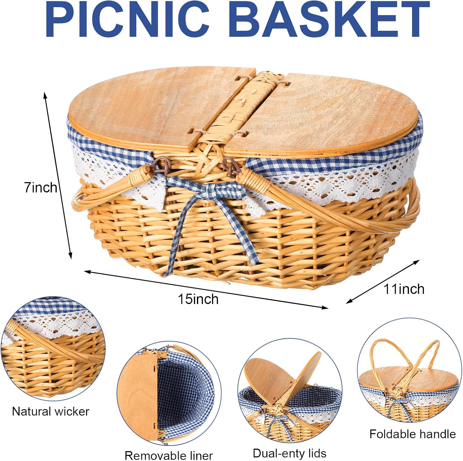 Wicker Picnic Basket with Blanket Set Vintage Picnic Basket with Lid and Handle Wicker Wooden Sturdy Woven Body with Washable Lining for Outdoor Camping(Blue)