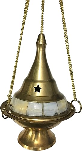 Vrinda Incienso colgante de latónquemador de incienso de carbón tachonado con piedra de perla, herramienta tradicional de aromaterapia para el hogar