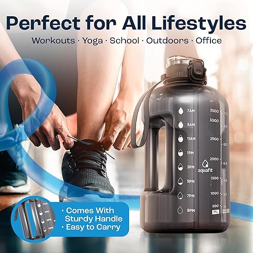 Miniatura 5 de AQUAFIT Botella de agua de 1 galón con popote 2 en 1 y tapa para beber  Botella de agua de un galón con marcador de tiempo y asa, jarra de agua de