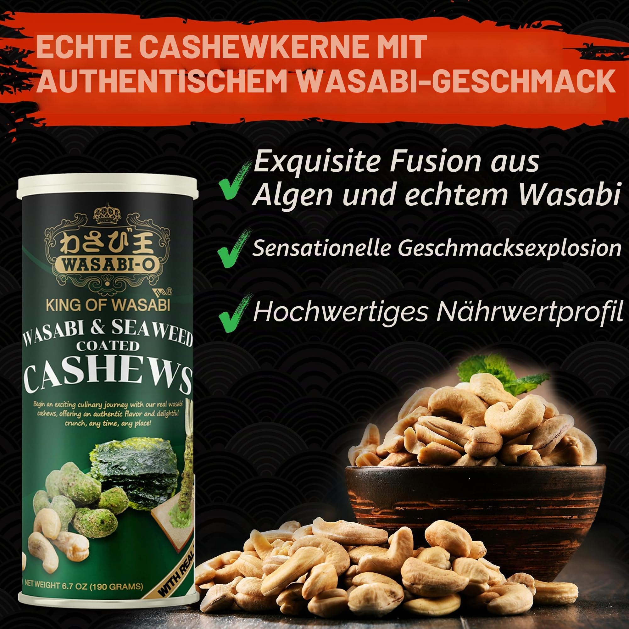 WASABI-O Seetang & echter Wasabi Cashewnüsse – Knuspriger Gourmet Snack mit Nori & Wasabi Paste, geröstete Premium Cashewkerne, asiatische Snacks, würzig & gesund, 190 g