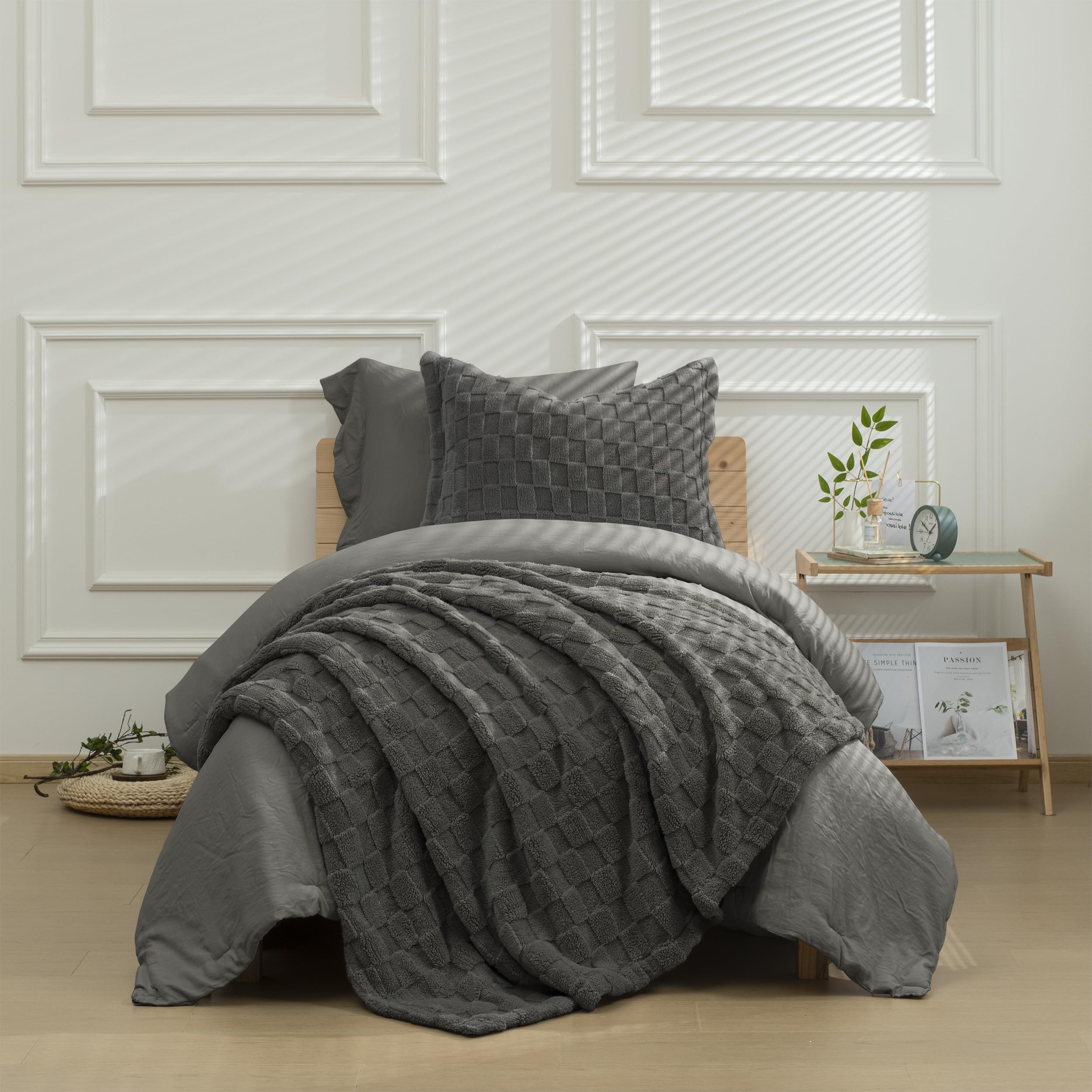 �️HIG 4pc 2-in-1 Twin-XL Comforter Set with Detachable Fluffy Blanket, Dark Gray — home & kitchen deal