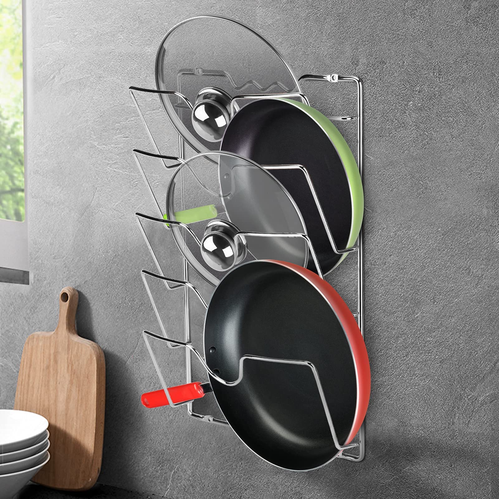 Soporte para Tapaderas de Ollas y Sartenes, Organizador de 5 Apartados, Montaje en Pared o Puerta, para Gabinete de Cocina