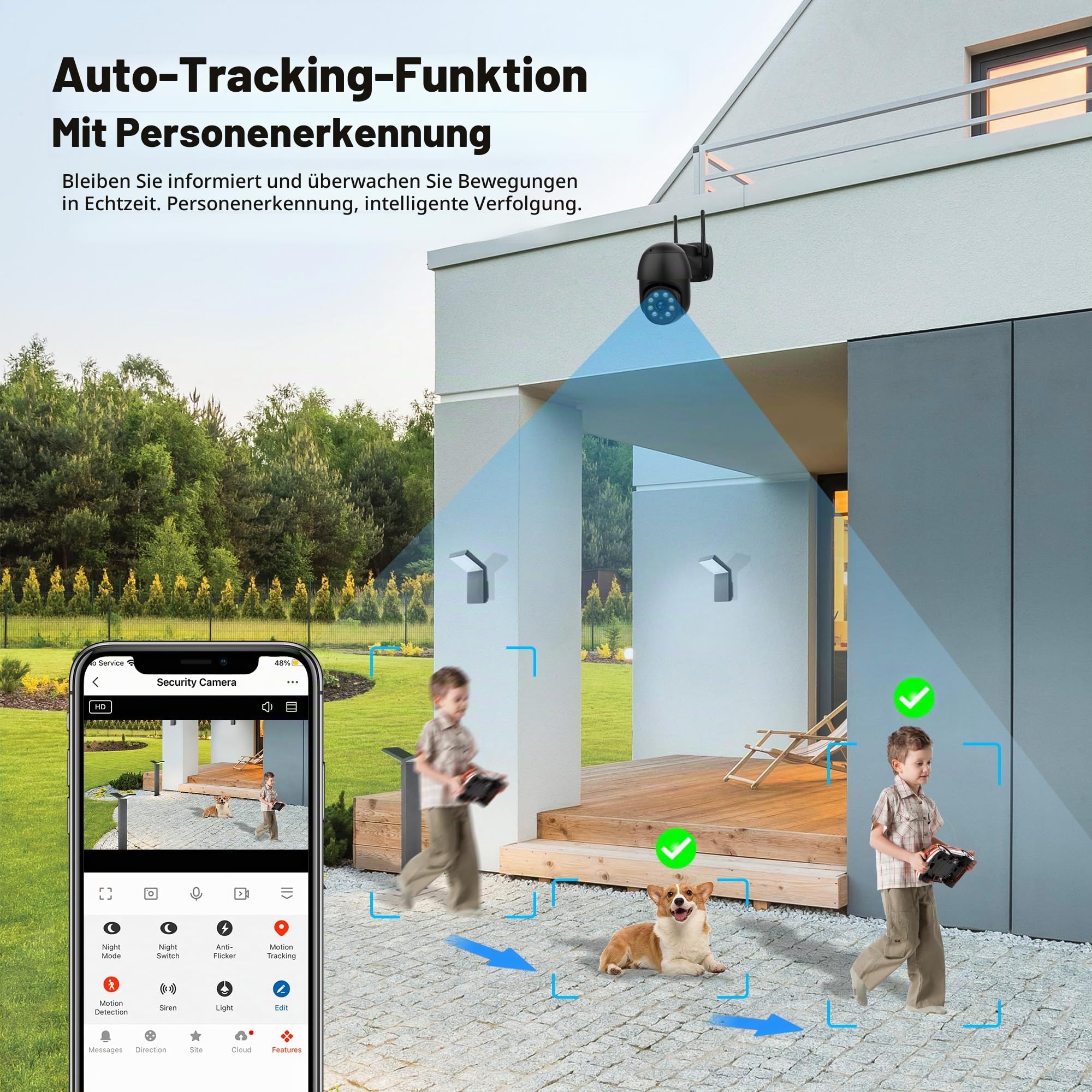 ENSTER 5MP Überwachungskamera Außen WLAN, 355° Schwenkbar, IR Nachtsicht 45m, WLAN Kamera Outdoor 2-Wege-Audio, 5G/2.4G WiFi（Black）