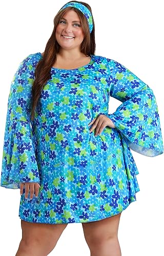 Wildflower Hippie Dress Costume 70s Outfit For Women Floral Print Minidress, Scoop Neckline And Flared Sleeves