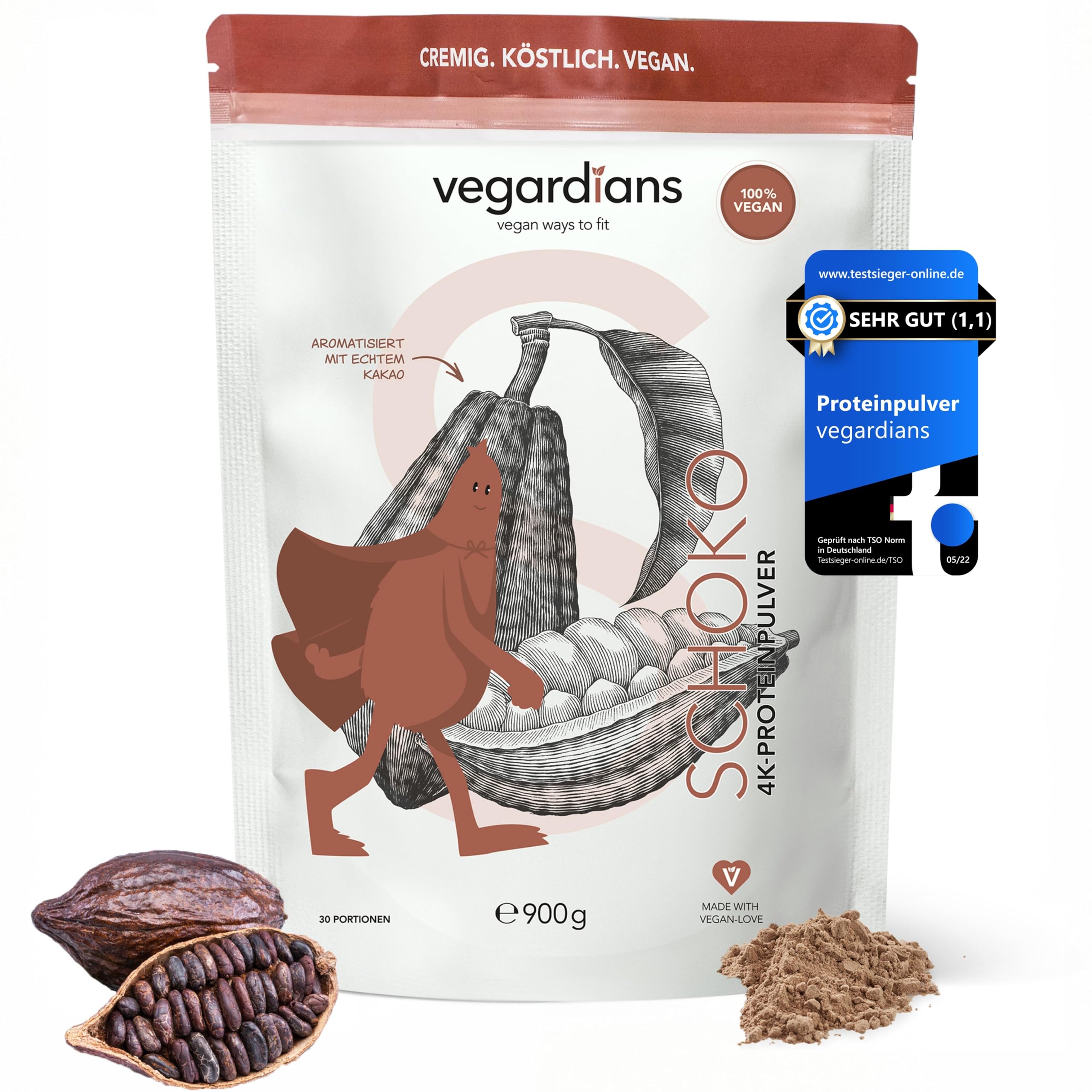 Vegan Proteinpulver Schoko 900g - laktosefrei, glutenfrei & ohne künstliche Aromen - Hochwertiges veganes Protein für Fi