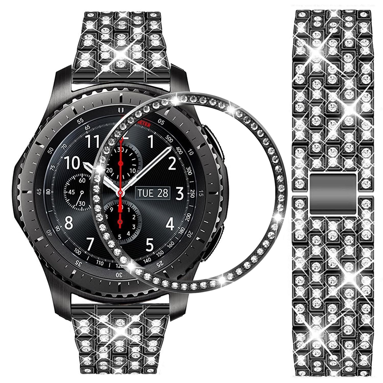 DEALELE Armbänd Kompatibel mit Galaxy Watch 46mm, 22mm Diamant Edelstahl Metall Armband mit Lünette Ring Hülle Ersatz für Samsung Gear S3 Frontier/Classic Damen Herren, Schwarz Elektronik & Foto