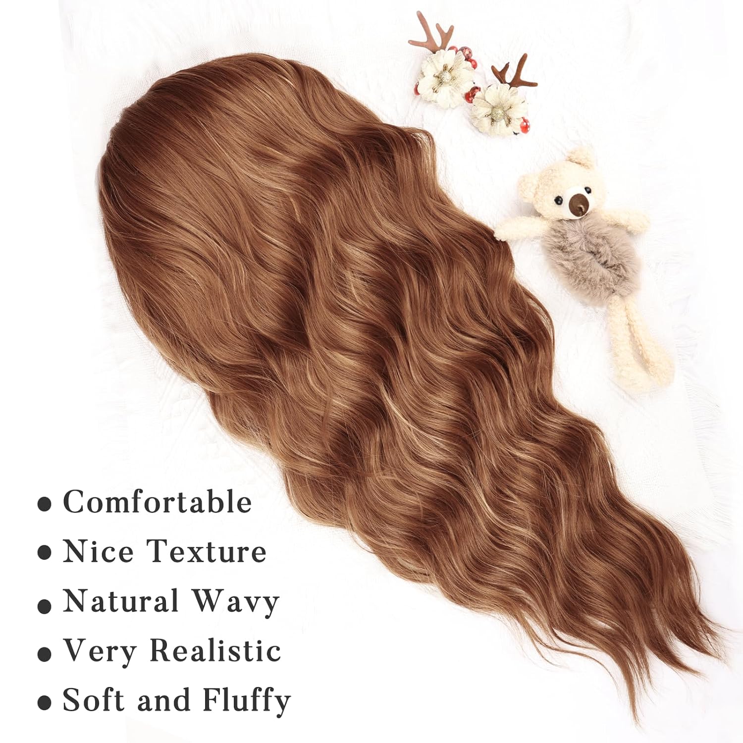 NAYOO Brown Wigs with Bangs for Women Long Curly Wavy Hair Wigs Heat Resistant Synthetic Fiber Wigs for Daily Party Use 24 Inches (Light Brown) - Image 3