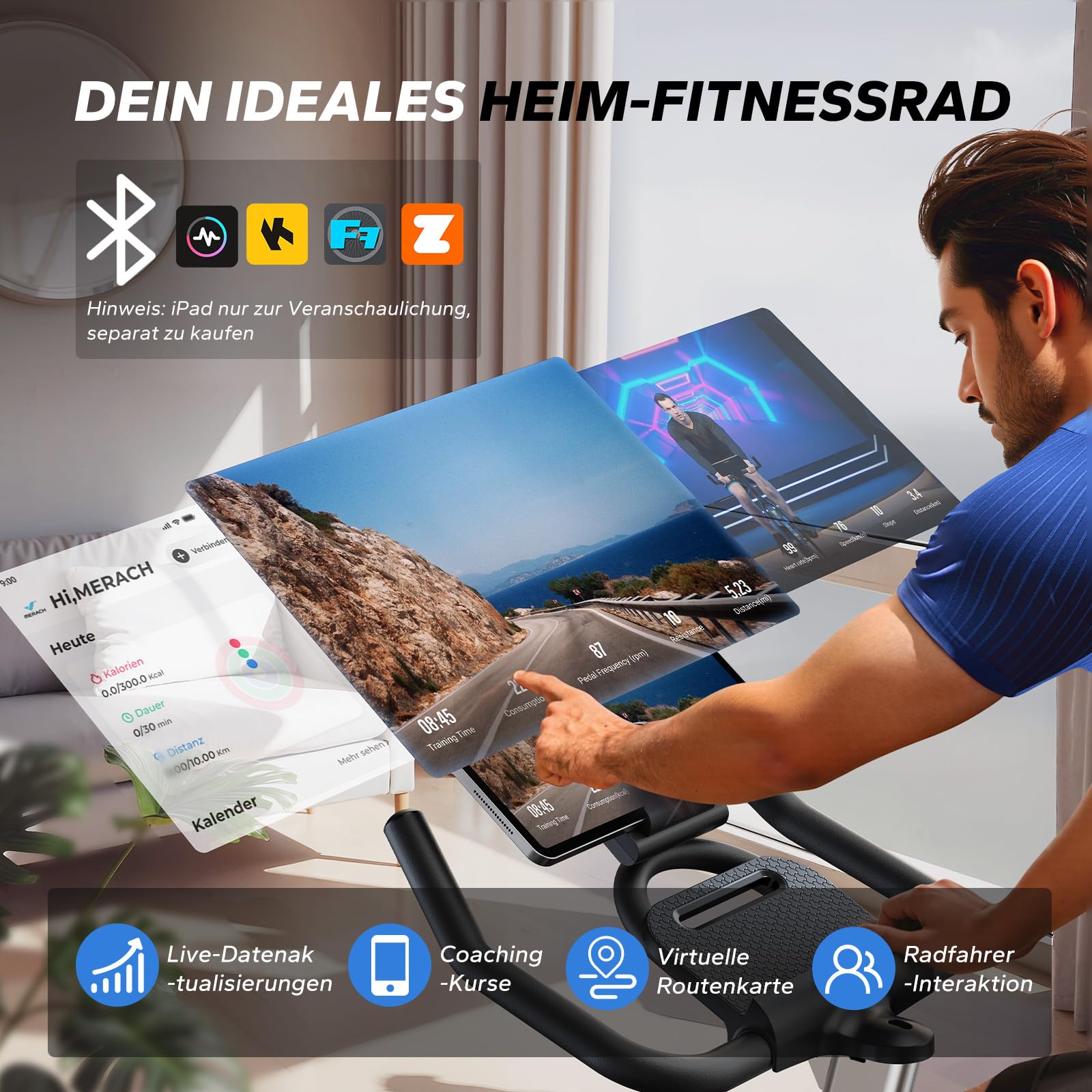 MERACH Heimtrainer Fahrrad mit Eigener App, Leises Hometrainer Fahrrad mit 16-facher Magnetwiderstand, Stoßdämpfender Luftkissensattel, Indoor Cycling Bike mit LCD-Monitor, für Kardiotraining zu Hause