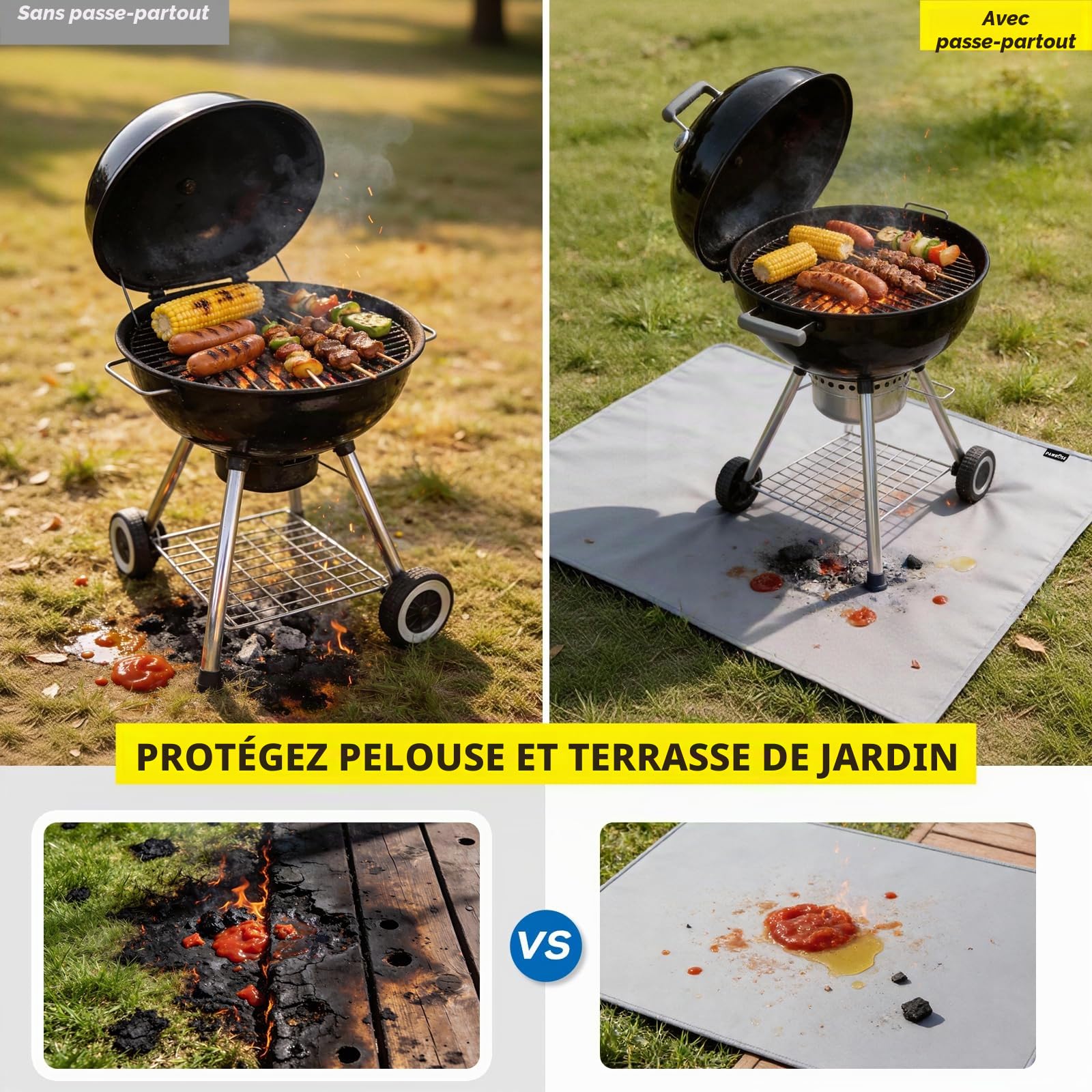 PAWBOSE Tapis de 65x48 Pouces sous le Grill pour Barbecue Extérieur, Tapis BBQ Double Face Ignifuge pour Patio et Terrasse, Tapis pour Foyer Extérieur Résistant au Feu et à l'Huile & Protège-Foyer
