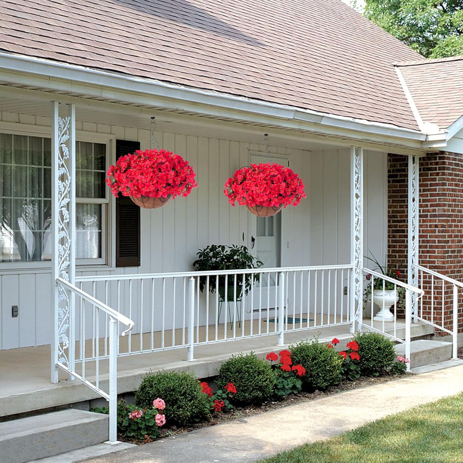 Artificial Fake Hanging Flowers for Outdoors Basket Spring Decor, Bougainvillea Faux Hanging Plants Outdoor Silk Flower in Planter Look Real UV Resistant for Outside Porch Patio Garden Yard Home, Red - Image 3