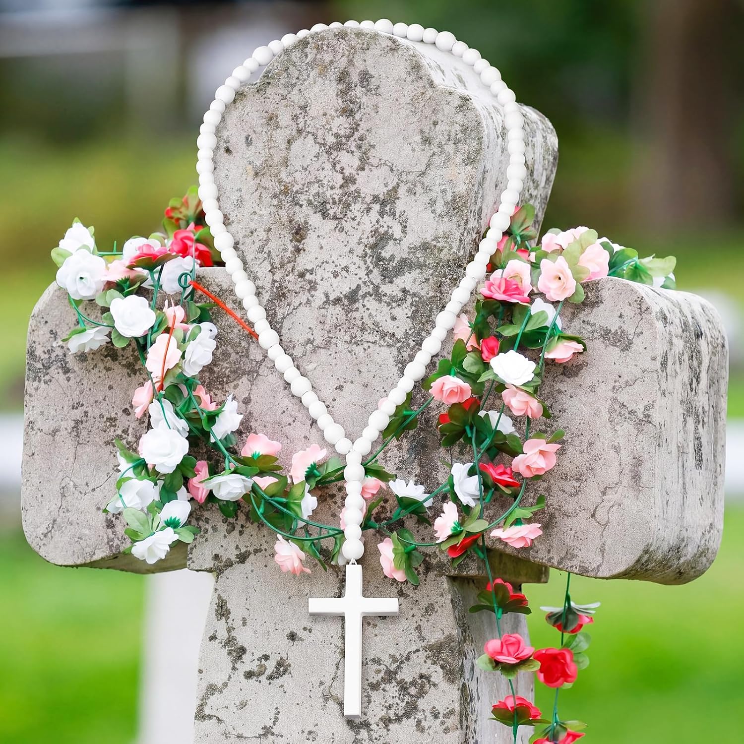 Funeral Memorial Decoration Wood Beads Cross Funeral Memorial Wreath Garland Rosary Pendant for Pray Religious Bouquet Peaceful & Serene Deocr