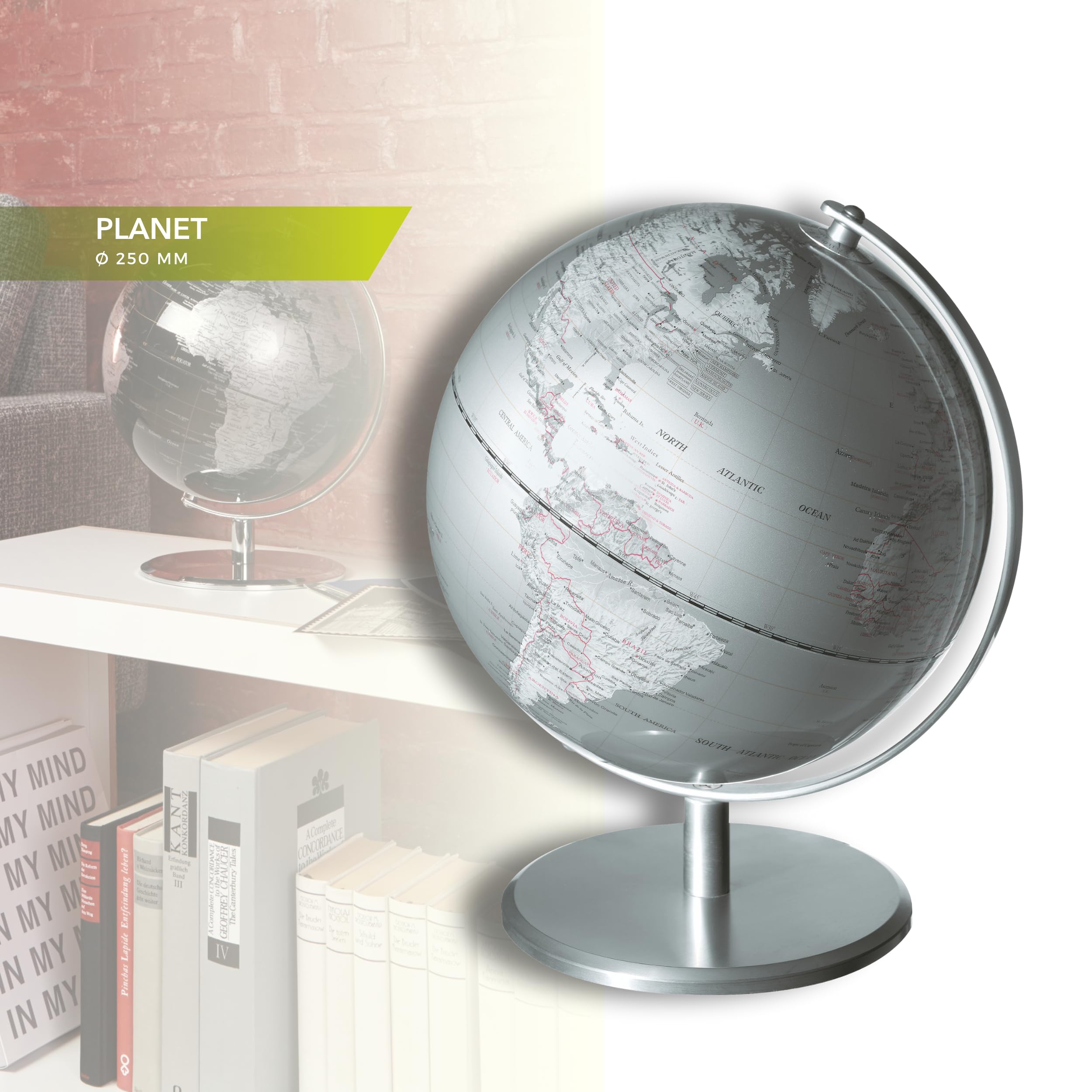 Globus mit 25 cm Durchmesser – PLANET – verchromter Metallfuß – bewegliche Achse – silberfarben – TROIKA Original