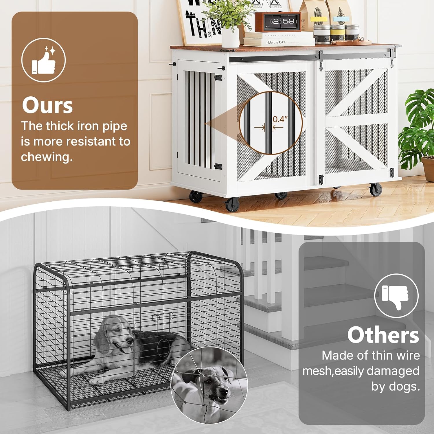 48 Inch Large Dog Crate, Wood Dog Crate Furniture with Wheels, Flip-Top Feeding Door, Removable Divider, Chew-Resistant End Table Dog Crate for Large Dogs, Farmhouse with Sliding Barn Door