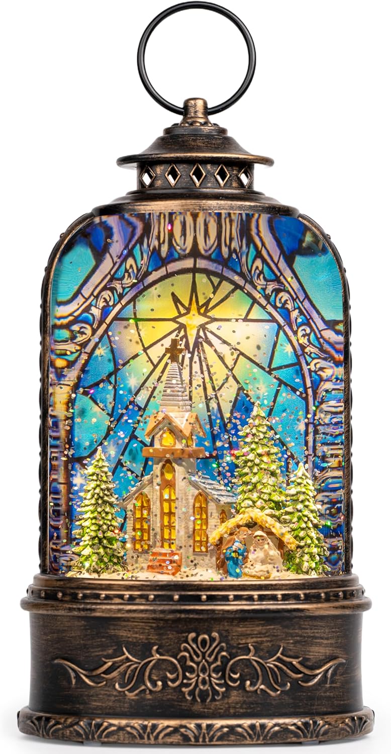 Christmas Snow Globe Lantern Water Glittering Churches & Holy Family with Music& Timer, USB Lined/Battery Operated Lighted Lantern for Christmas Festival Decoration Gifts 10'' Churches