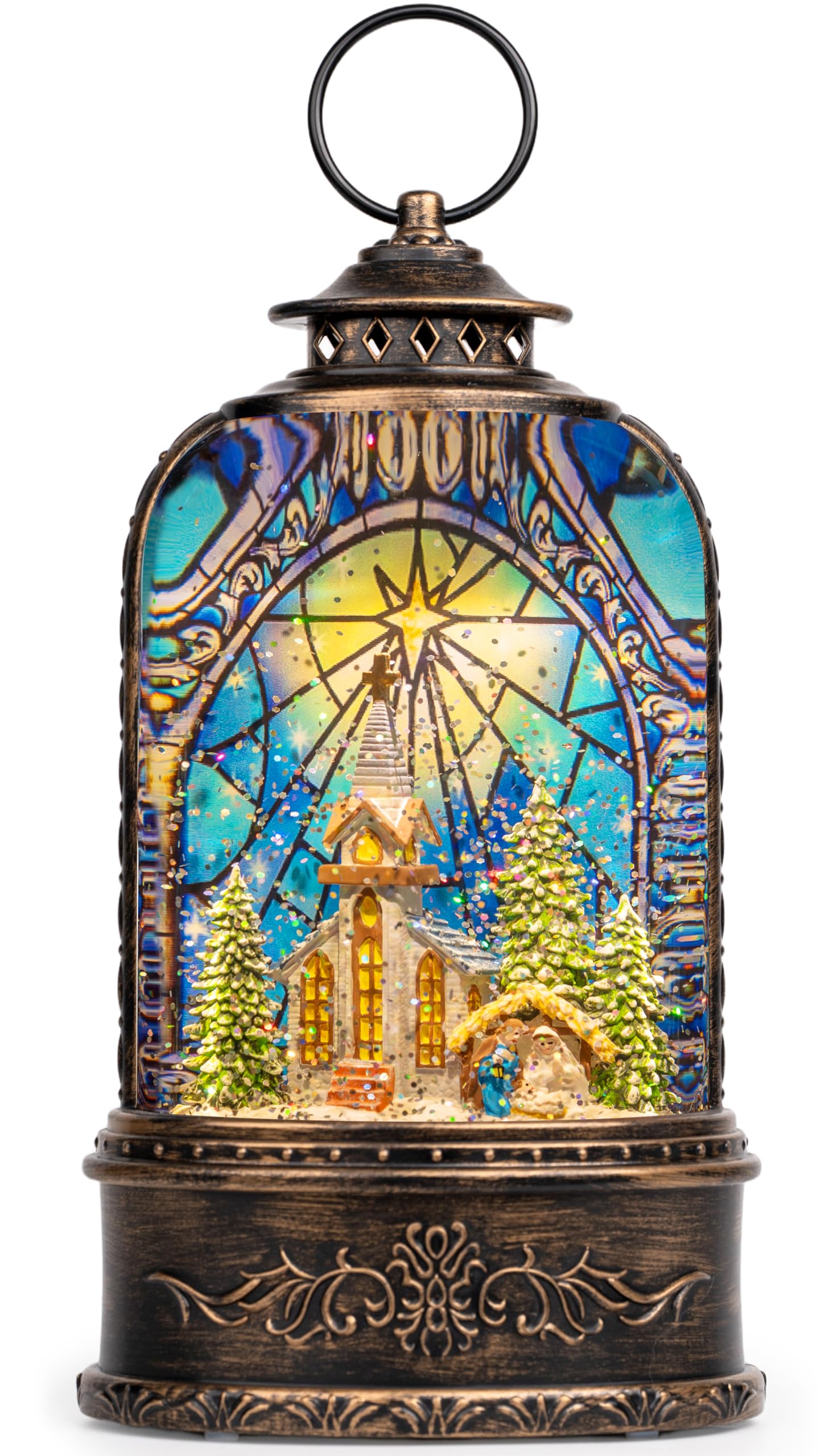 Christmas Snow Globe Lantern Water Glittering Churches &amp; Holy Family with Music&amp; Timer, USB Lined/Battery Operated Lighted Lantern for Christmas Festival Decoration Gifts