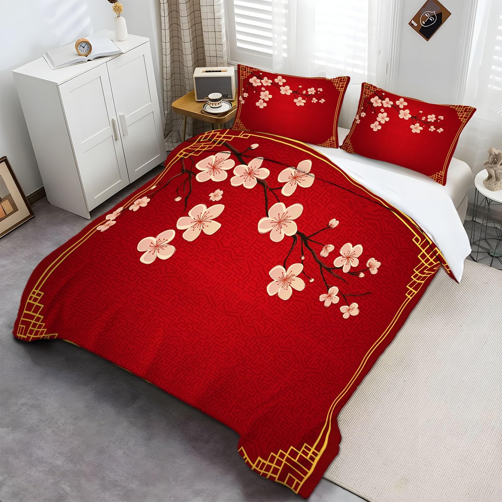 Funda nórdica 150 x 200 cm Rojo, Juego de Ropa de Cama para Flor De Cerezo Japonés 3 Piezas, Incluye 1 Funda nórdica y 2 Fundas de Almohada 50 x 75 cm