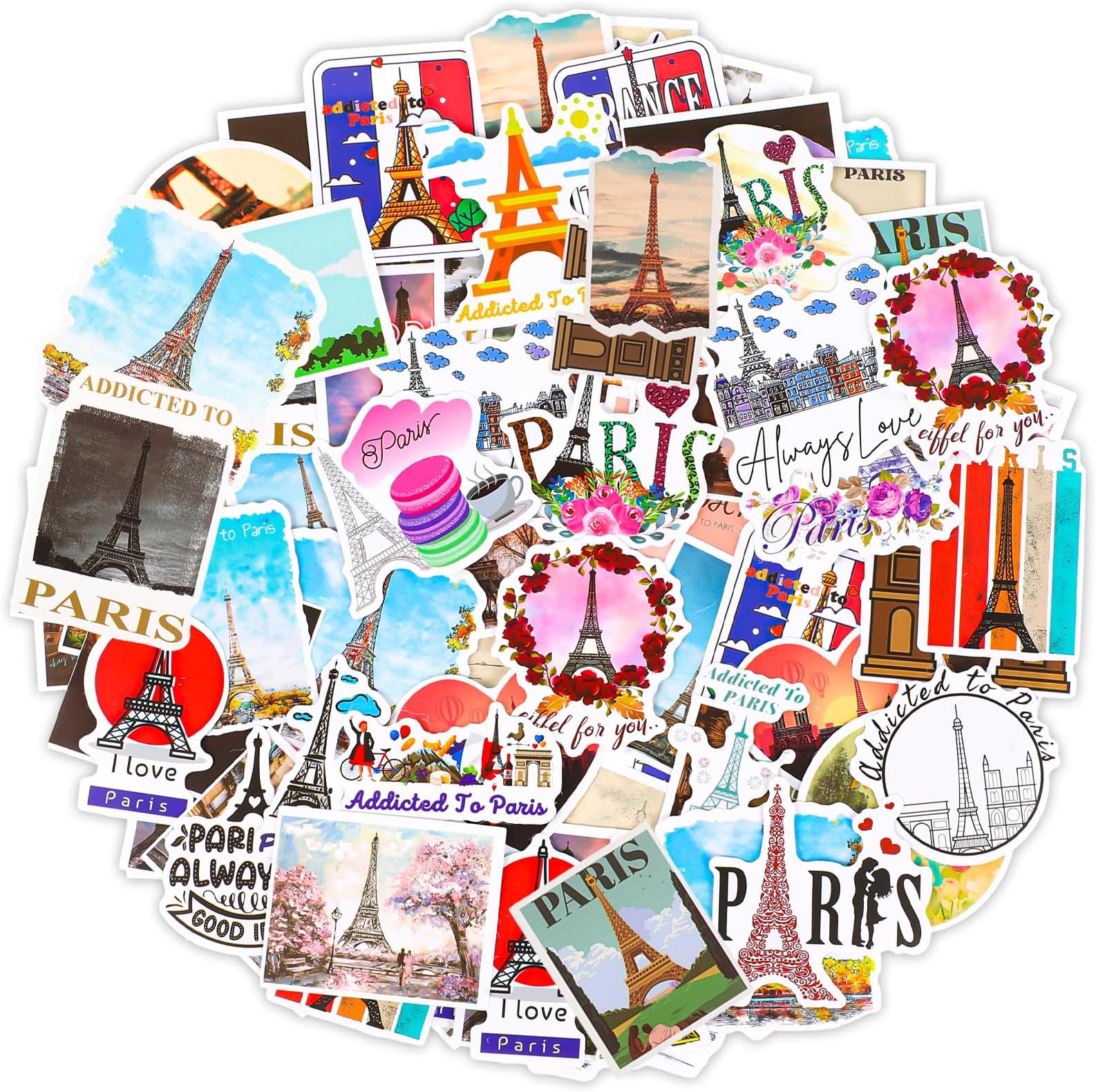 Yeaqee 200 Pieces Paris Stickers Vintage Eiffel Tower Stickers Vinyl Waterproof Paris Party Favors French Map Stickers Travel Scrapbook Stickers for Luggage Water Bottles