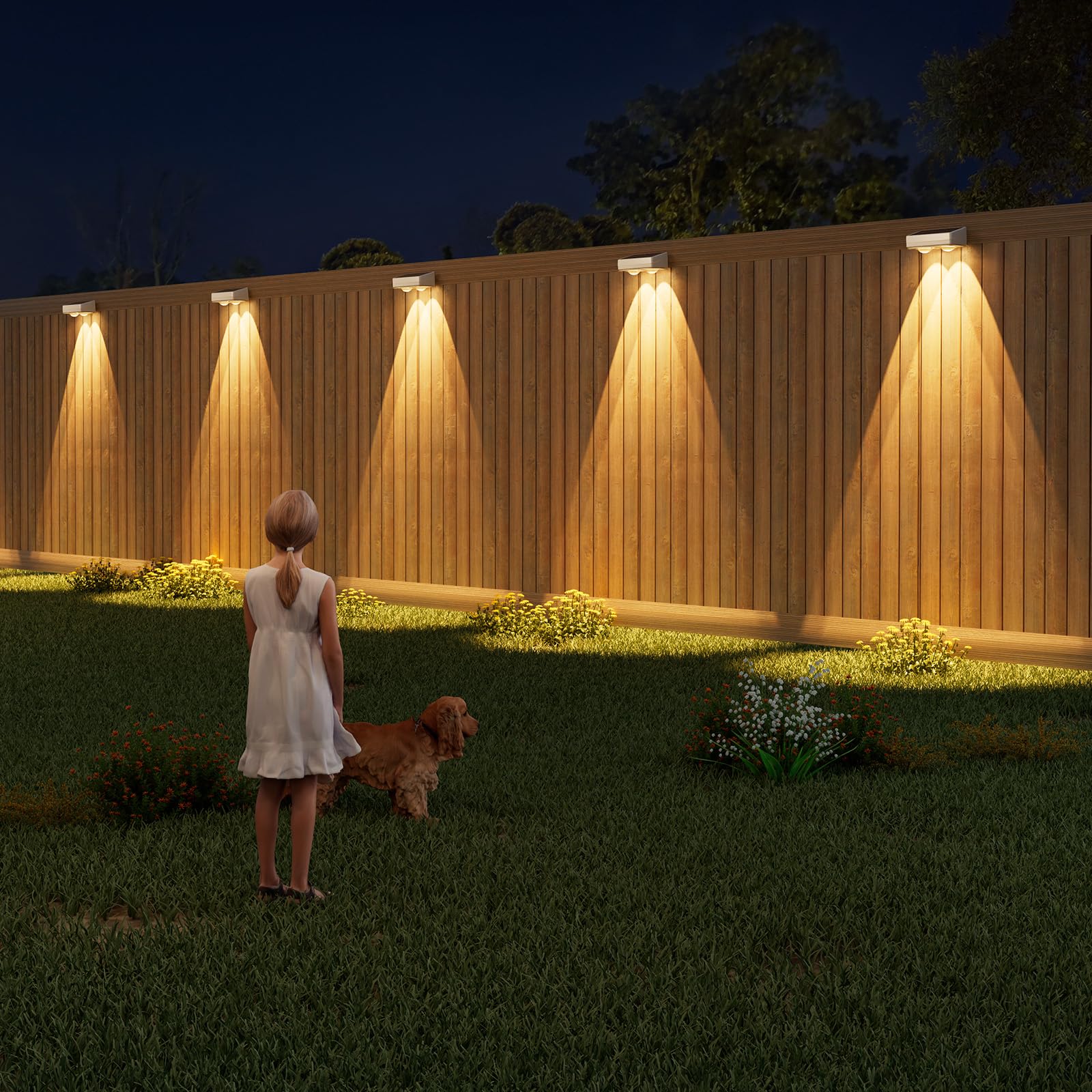VOLISUN Paquete de 8 luces solares para valla, blanco cálido, blanco frío y color RGB, luces solares LED IP65 impermeables para exteriores, para patio, barandilla, cubierta, valla y pared (blanco)