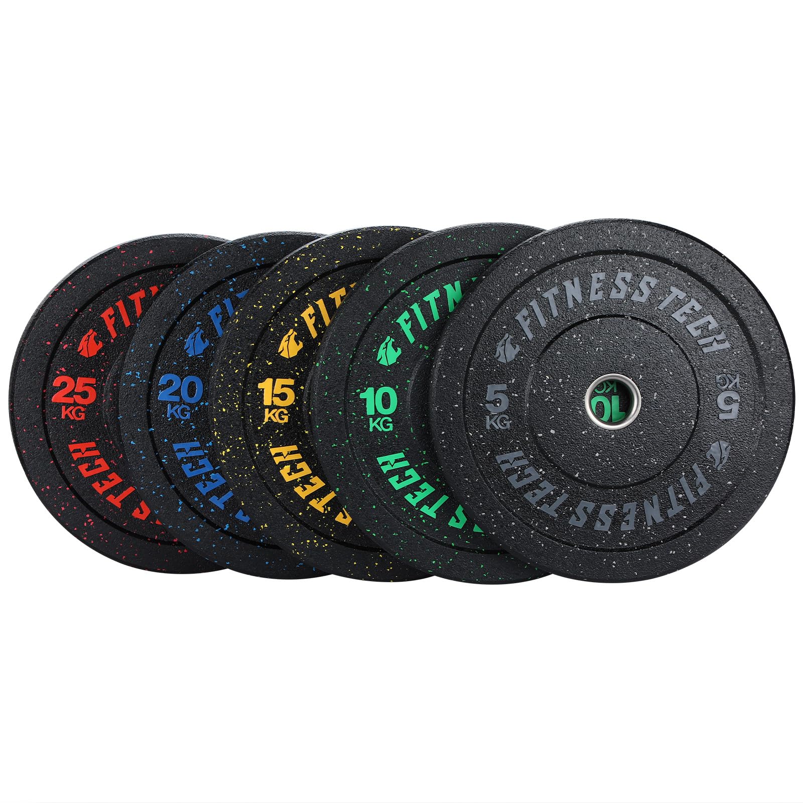 Disco Bumper Plate Hi-Temp Alta Resistencia 5-25 kg | Pesa Caucho Recilado Casquillo de Acero Inoxidable | Discos Pesas para Gym, Gimnasio en casa | Ø50 mm Fitness Tech (20, Kilogramos)