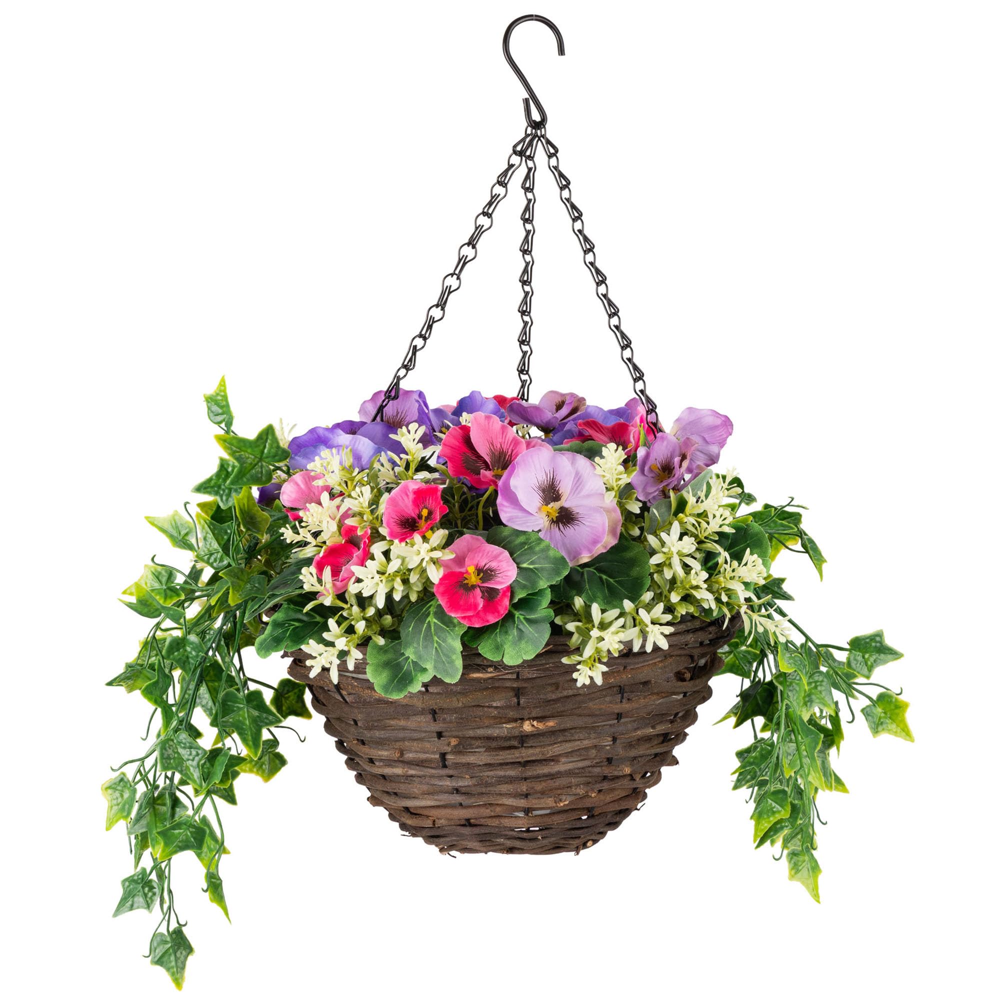 CHRISTOW Artificial Pansy Hanging Basket - Wicker Garden Planter with Light Purple Dark Purple & Pink Flowers, UV-Resistant PE Leaves, Pre-Fitted Triple Steel Chain, 25cm Diameter