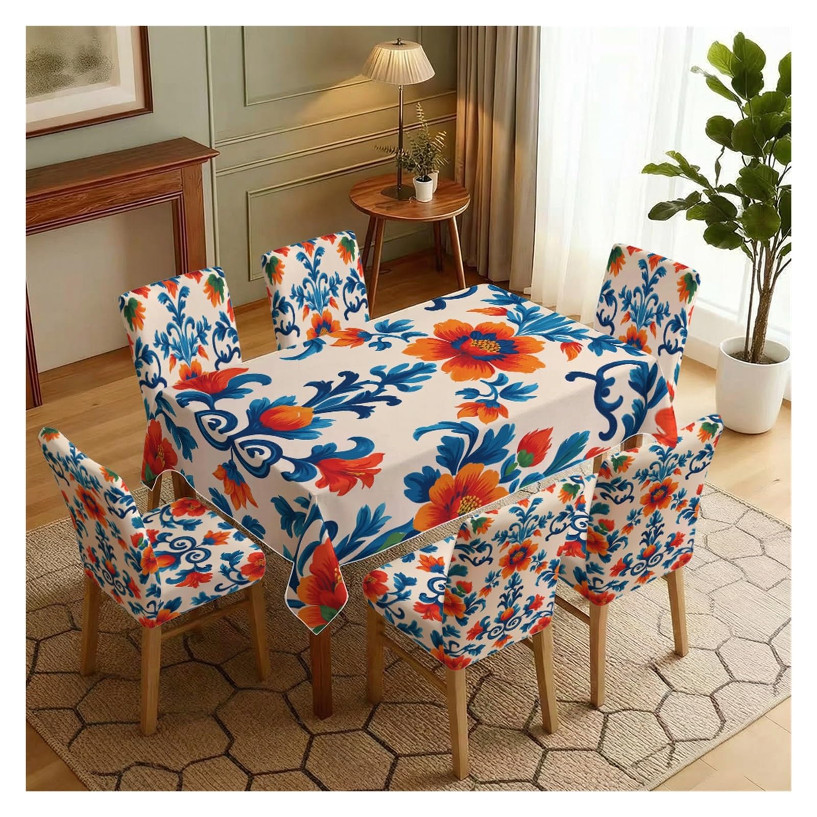 BOSUYBN Vibrant Folk Floral Dining Tablecloth & Chair Cover Set, 5/7 Piece Retro Ornate Scroll Print For Bright Refined Home Dining Table Setting(7pcs Set: Tablecloth+Chair Covers)