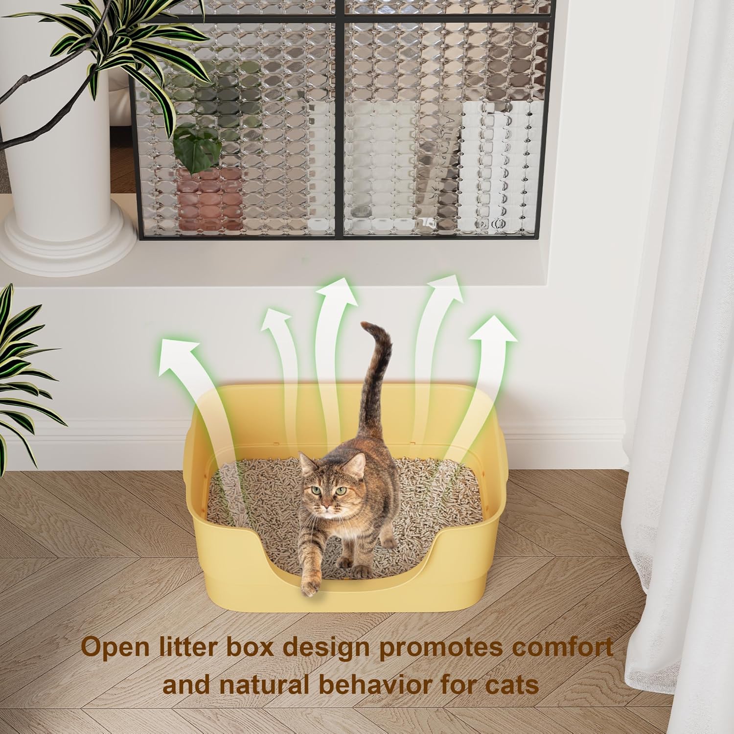 Extra Large Cat Litter Box for Big Cats - High Sides & Low Enter Design, 23.43x16.73x8.46 Inches Spacious Anti-Spill Pet Toilet（Yellow）