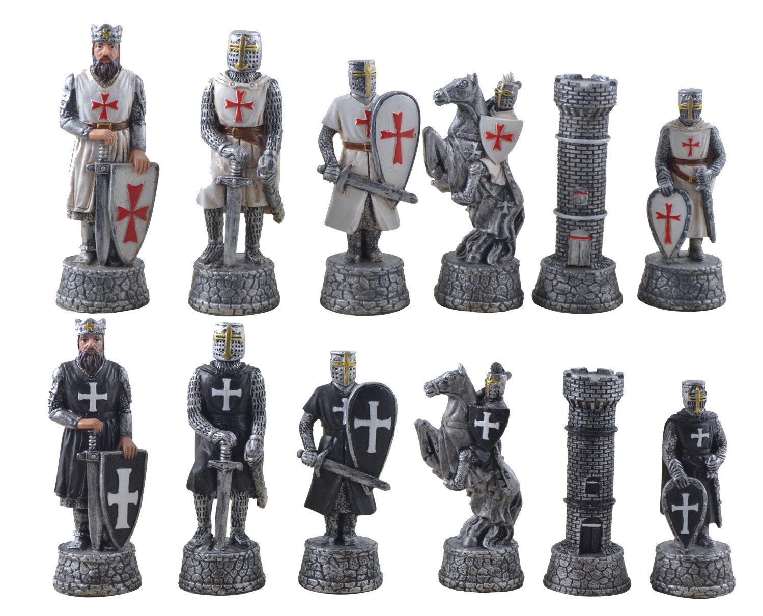 Vogler Hochwertiges Schachfiguren Set Kreuzritter - Handbemalte Kunststein Figuren Weiß Schwarz - Mittelalter Schach Spiel - Historische Sammler Edition - 70mm Königshöhe