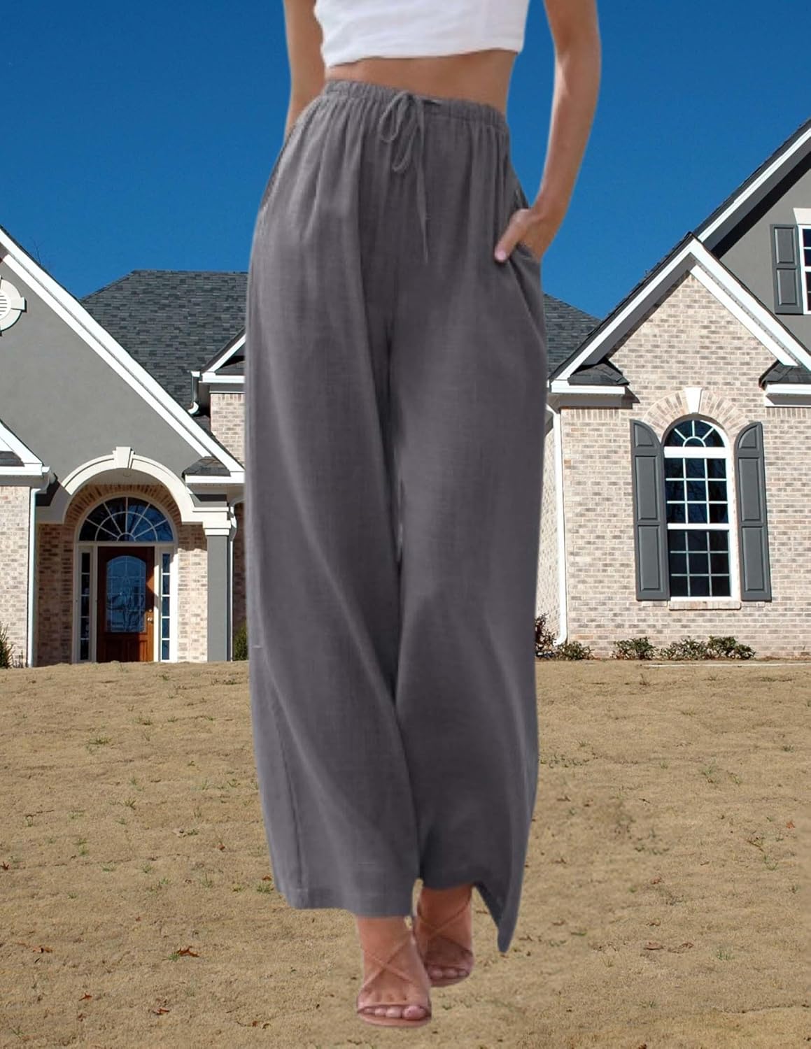 LIZALIG Women's Flowy Linen Palazzo Pants with Pockets Tie Front Elastic High Waist Design - Image 2