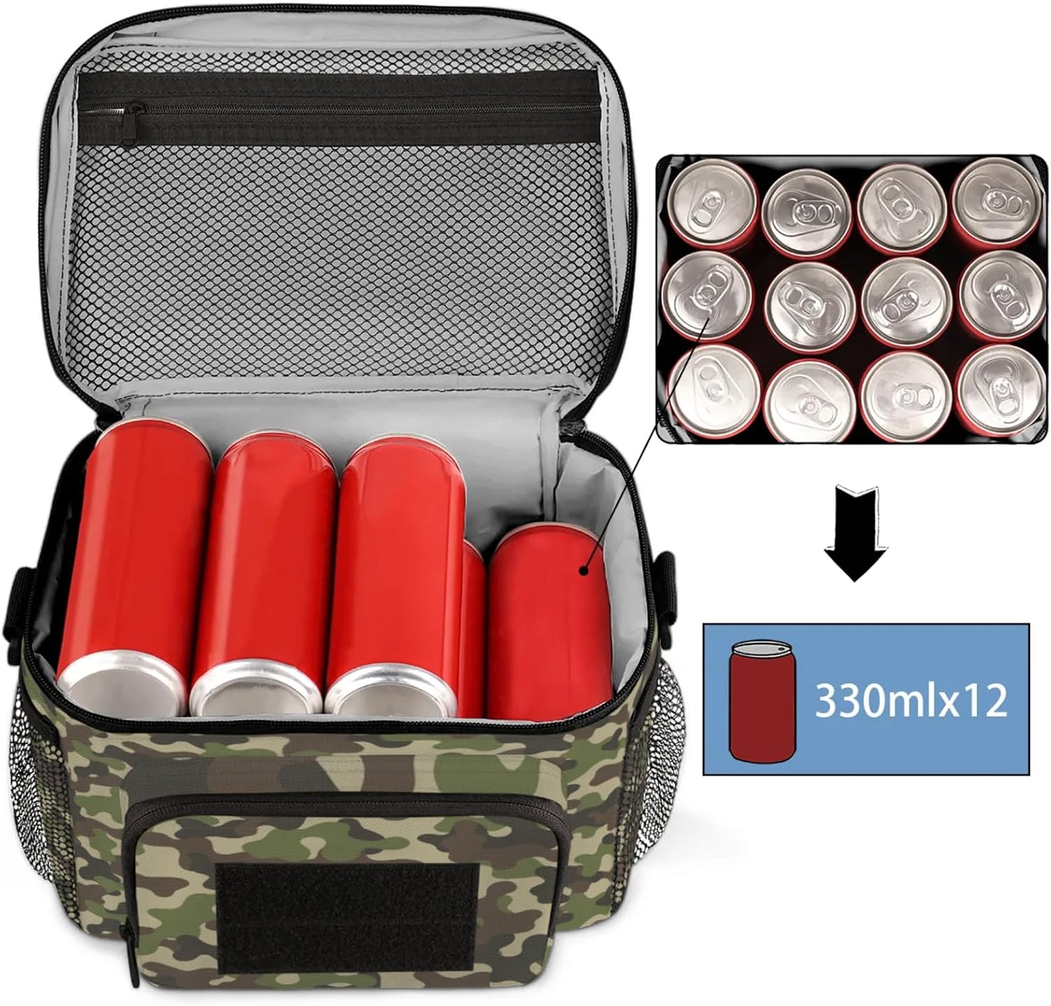 cfpolar Tactical Lunch Box for Men, Green Camo Camouflage Insulated Lunch Bag Adult, Small Lunch Pail Leakproof Waterproof Cooler Bag, for Work Outdoor Beach Camping Travel, 12 Cans/7