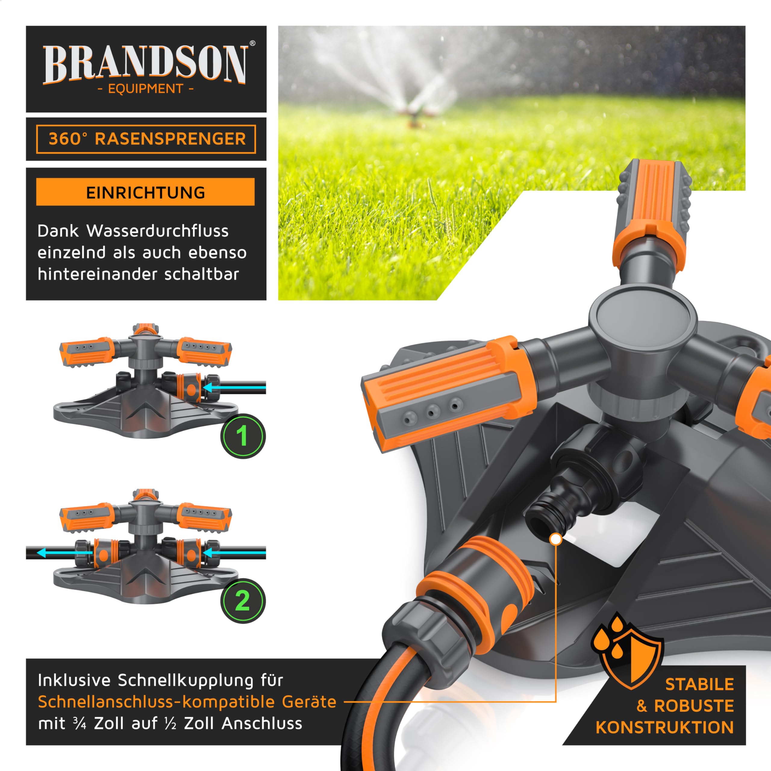 Brandson - Rasensprenger 3/4 Zoll - 360 Grad Kreisregner - Garten Sprinkler - Rotierender Wasser Sprinkler - mit Schnellkupplung - für Bewässerungsanlagen - Rasensprinkler für den Garten