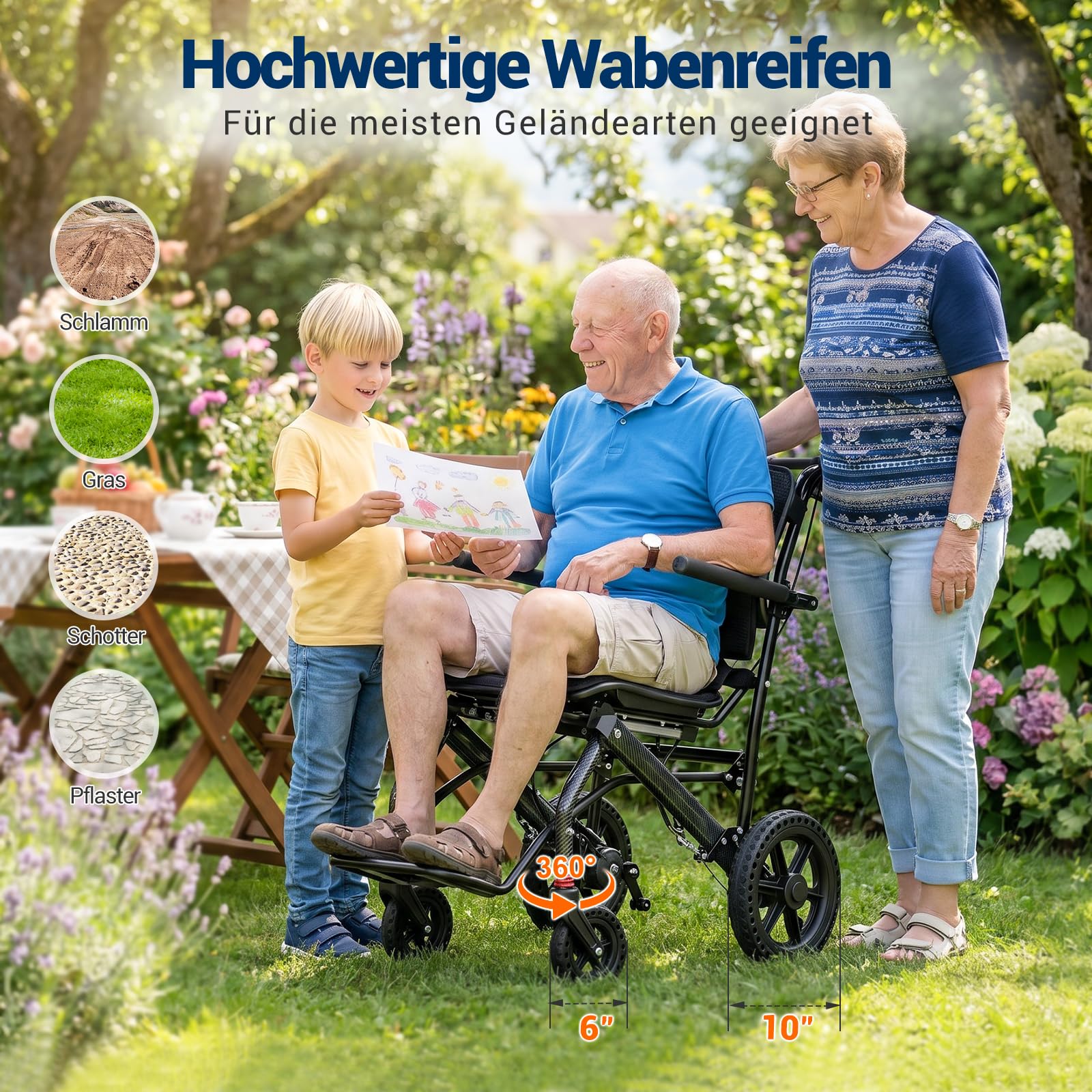 Care-parents Sedia a rotelle pieghevole leggera, 10,5 kg, larghezza della seduta 41 cm, sedia a rotelle da viaggio con asta estensibile, sedia a rotelle da trasporto sottile per appartamento, compatta