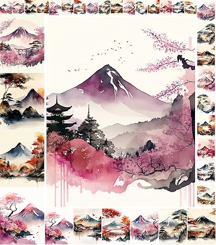 Miniatura 5 de Decoupage - Paquete de papel (35 hojas de 6 x 8 pulgadas), hermoso paisaje rosa y naranja tranquilo de arroyos leñosos FLONZ Vintage Ilustración