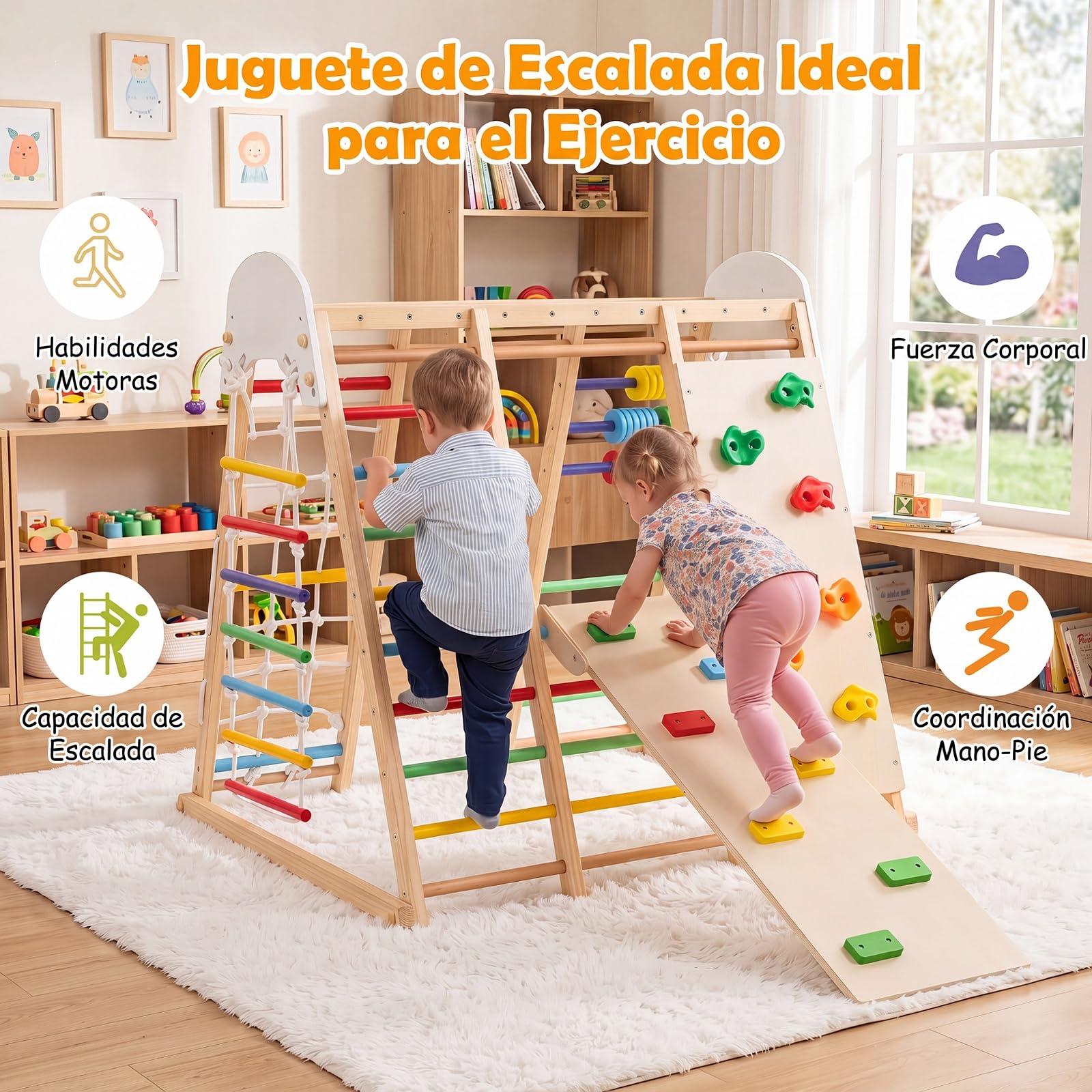 COSTWAY 8 en 1 Estructura de Escalada para Niños,Madera Maciza (Multicolor) | Juego de Escalada Montessori con Pared de Escalada, Barras de Mono y Columpio para Habitación Infantil Sala de Juego