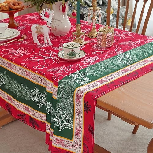 Miniatura 7 de SASTYBALE - Mantel navideño rectangular de 52x70 pulgadas, con diseño vintage de Flor de Pascua y acebo, resistente a las arrugas, para cenas de
