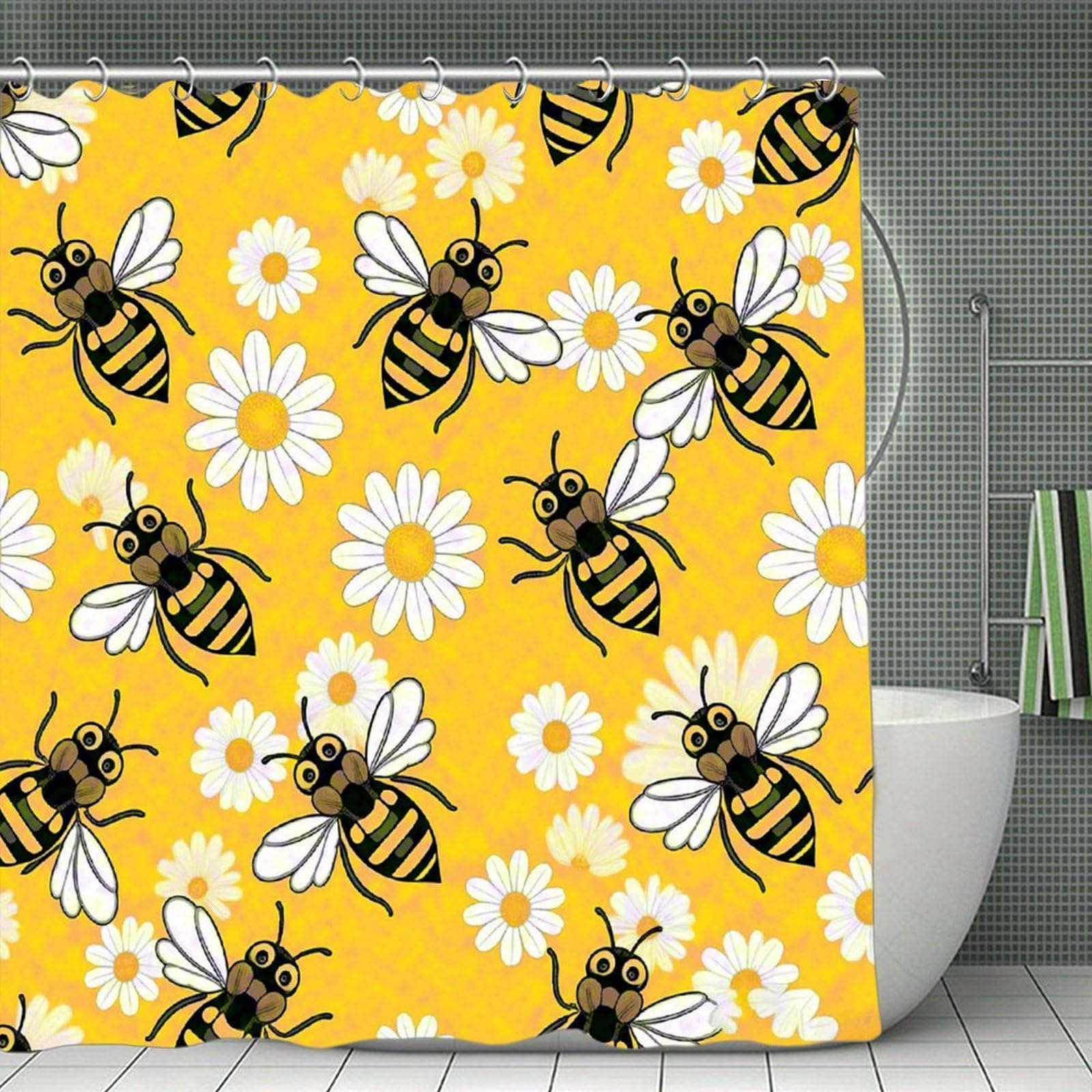 VstaDank Bee Daisy Pattern Shower Curtain Waterproof Bathroom Shower Curtain with C Type Hooks Soft Lightweight Shower Curtains Liner Washable Polyester Cloth Shower Liner 71x71 Inch