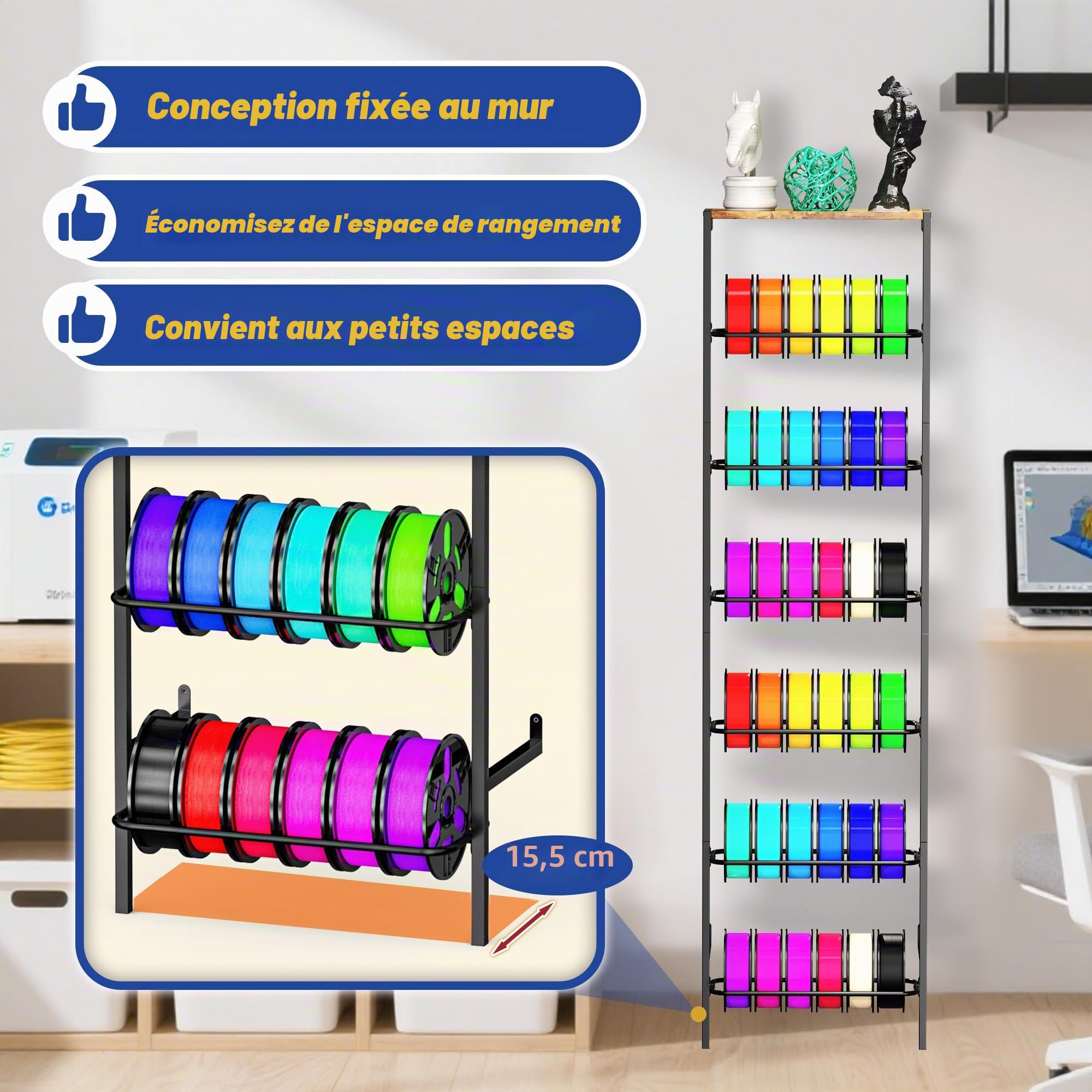 Support mural de rangement pour filament d'imprimante 3D, support de bobine de filament à 6 niveaux avec plateau en bois supérieur, support de rangement de filament en métal robuste pour