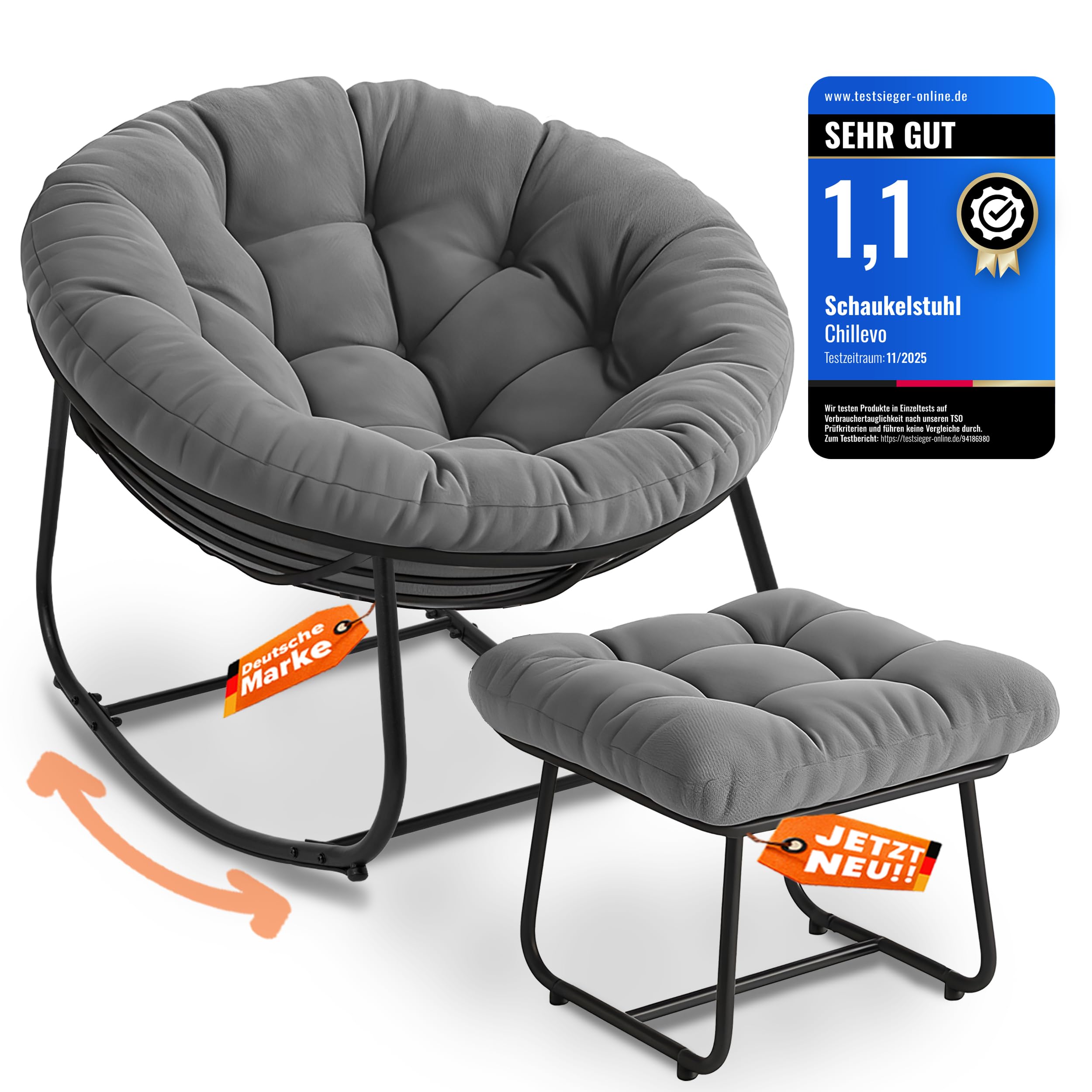 Chillevo Chillzeit Schaukelstuhl mit Fußablage [Testsieger] Wetterfest Schaukelsessel Ergonomisch Rocking Chair für Wohnzimmer Garten Balkon & Terrasse XXL Outdoor belastbar bis 180kg (Graphitgrau)