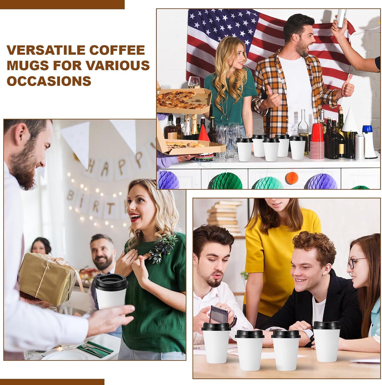 Honeydak 45 Pack 12 oz Reusable Coffee Cups with Lids Portable Tea Cups Reusable Hot Coffee Mugs Tumblers Bulk Plastic Tumblers Travel Drinks Mugs for Hot and Cold Drinks(White with Black,Classic)