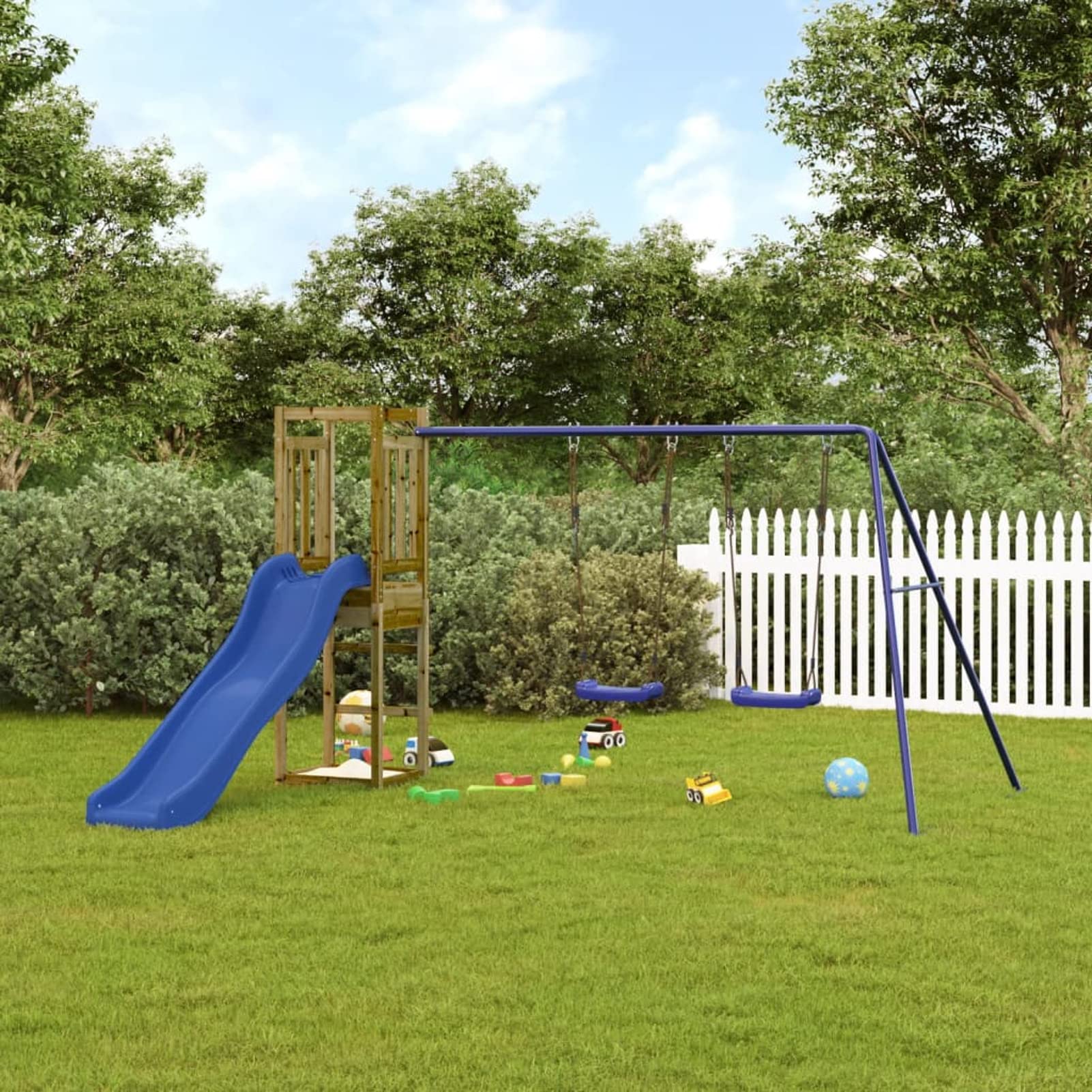 Festnight Centro de Juegos Niños con Tobogán/Columpio/Pared de Escalada y Caja de Arena, Casa de Juegos, Casita Infantil Jardín Exterior, Parque Infantil Castillo Madera, Madera Maciza Pino Type 69