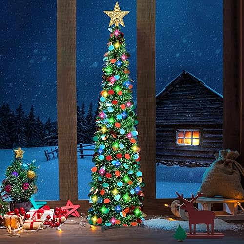 Miniatura 1 de Árbol de Navidad de oropel desplegable de 5 pies con luces LED, lentejuelas, adorno de árbol, árbol de Navidad plegable artificial, decoración